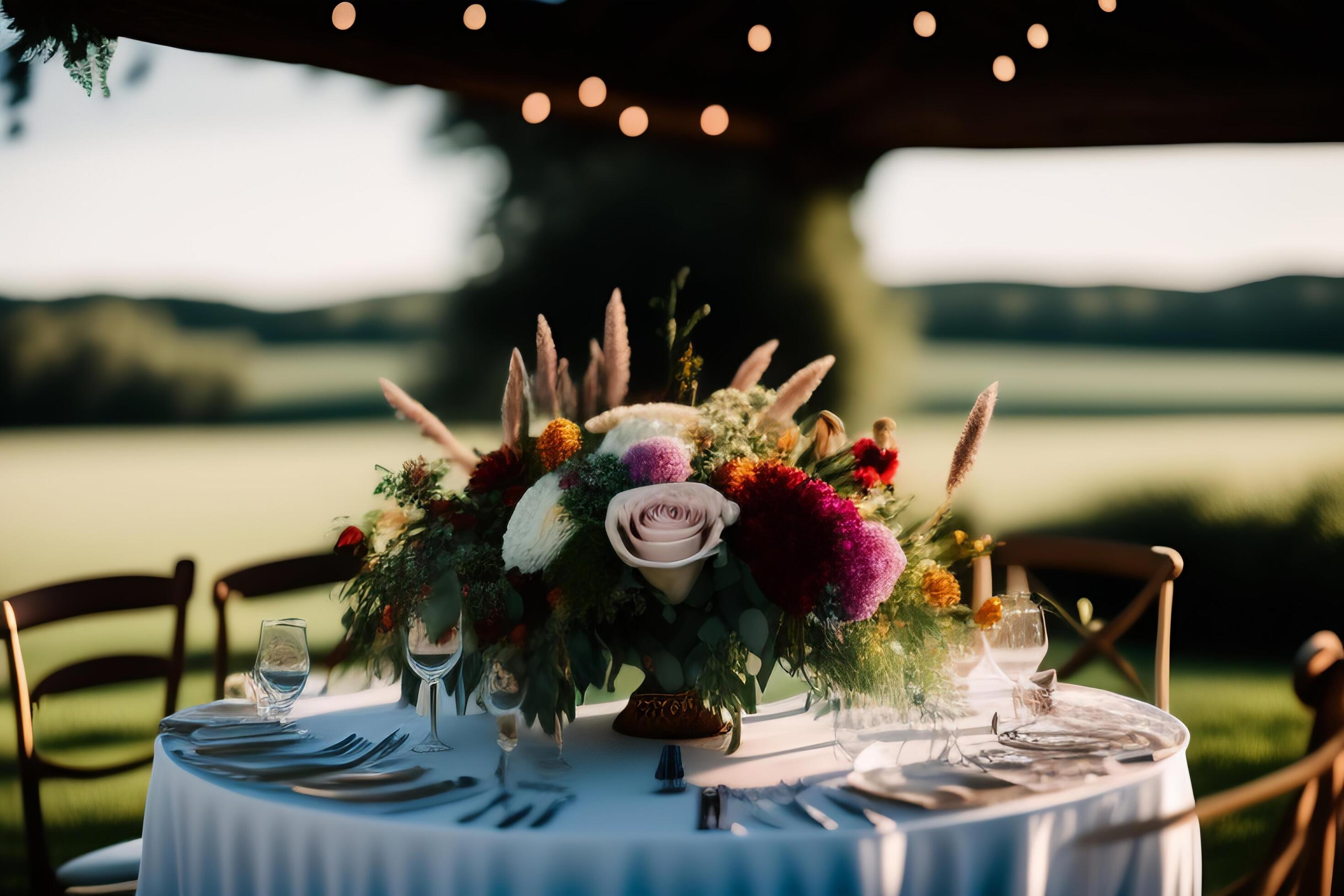 Wedding table setting with flowers and crockery on the grass. Stock Free