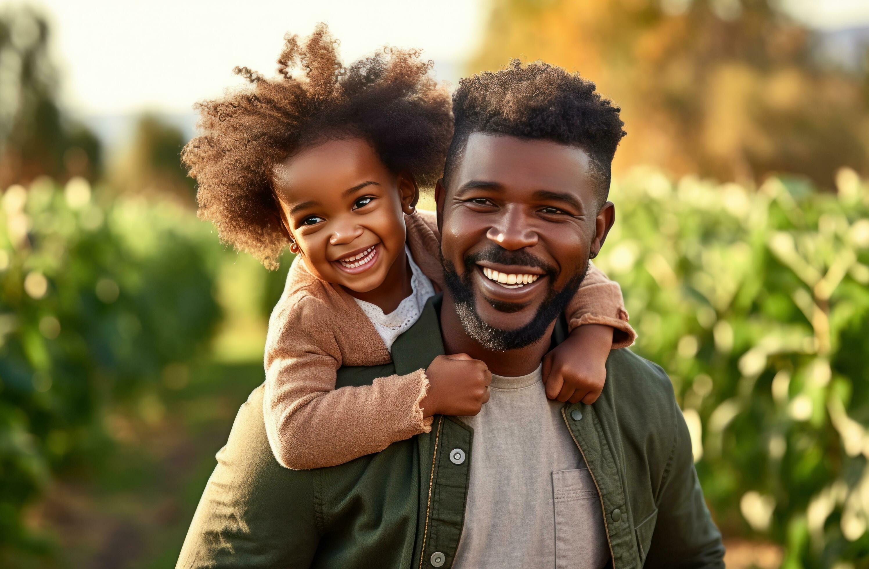 AI generated black african dad and daughter in the nature happy family Stock Free