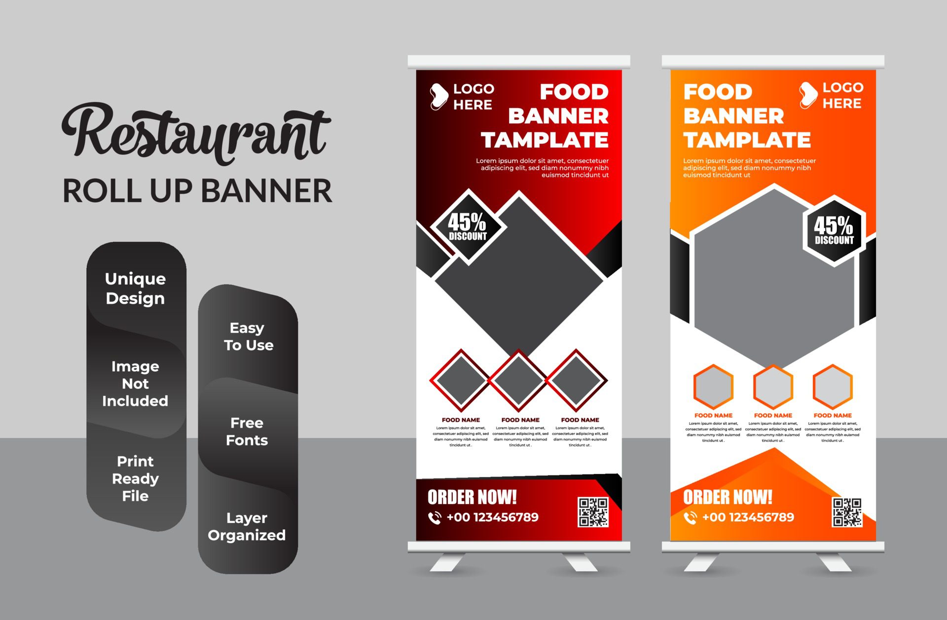 Restaurant business Roll up banner template design set Free Vector