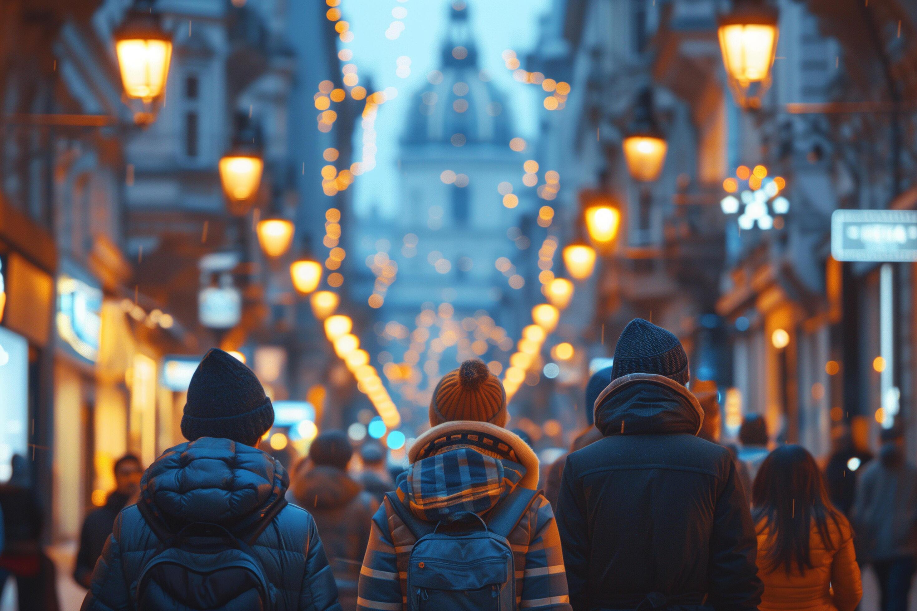 Family walking on a lit city street in winter evening Stock Free