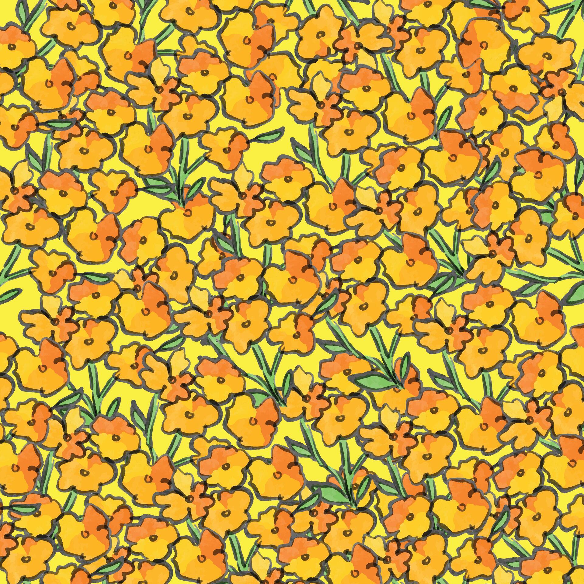 Orange flowers pattern illustration isolated on square yellow background. Simple flat colorful cartoon sketch style drawing. Stock Free