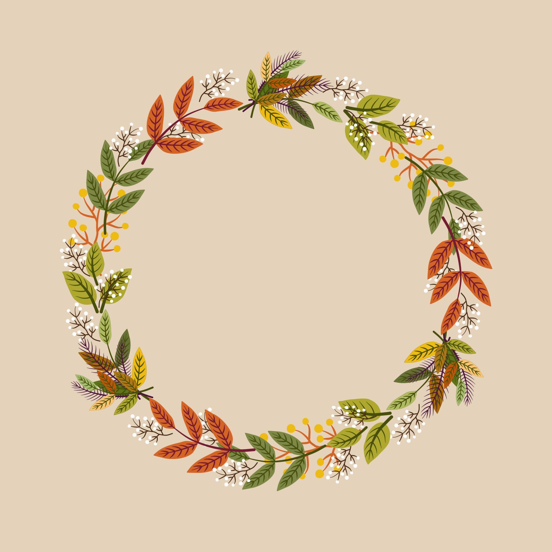 Wreath of wild autumn flower and leaves in fall and autumn season color, flat vector hand drawn image. Stock Free and Free SVG