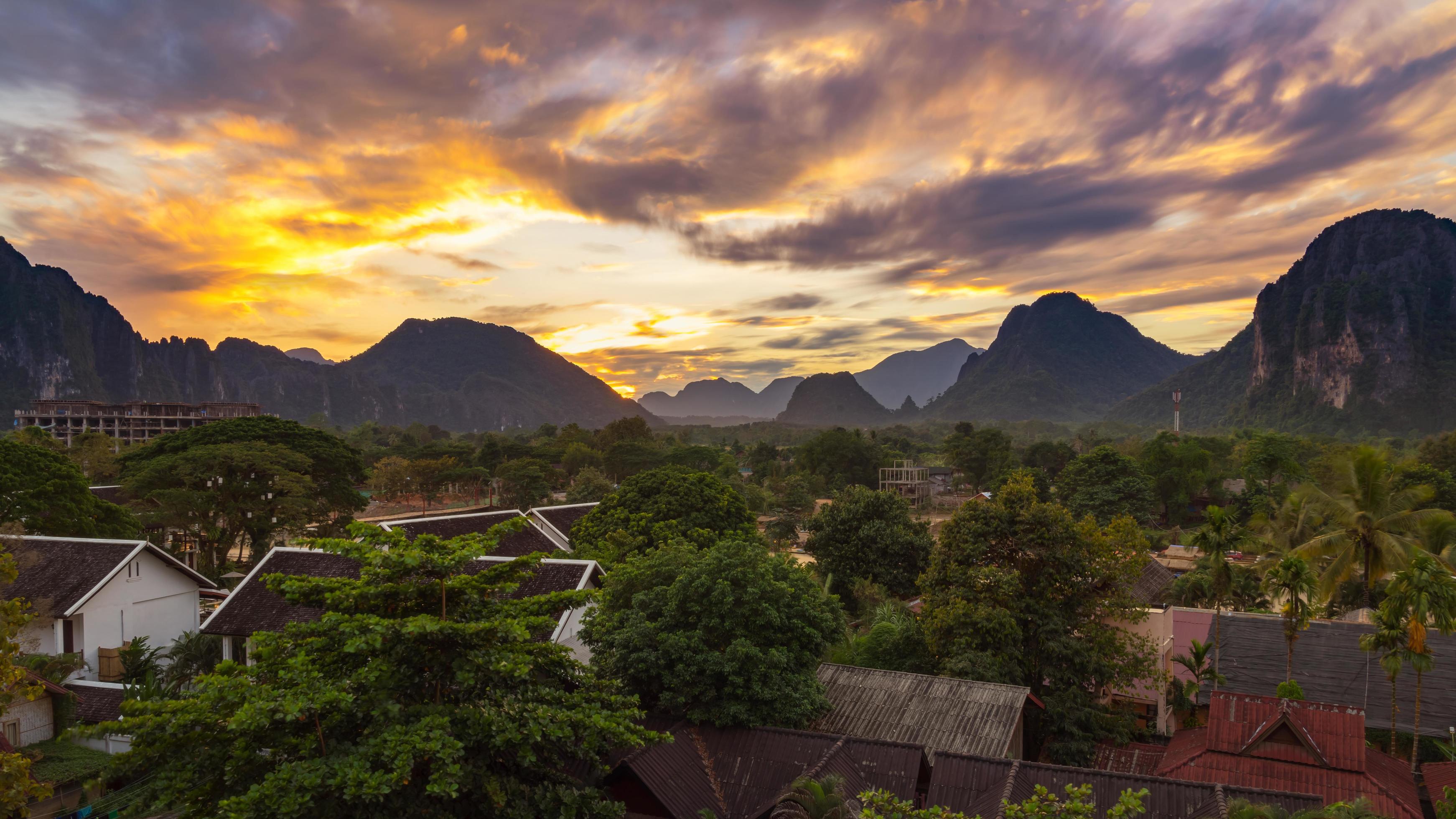 Landscape view panorama at Sunset in Vang Vieng, Laos. Stock Free