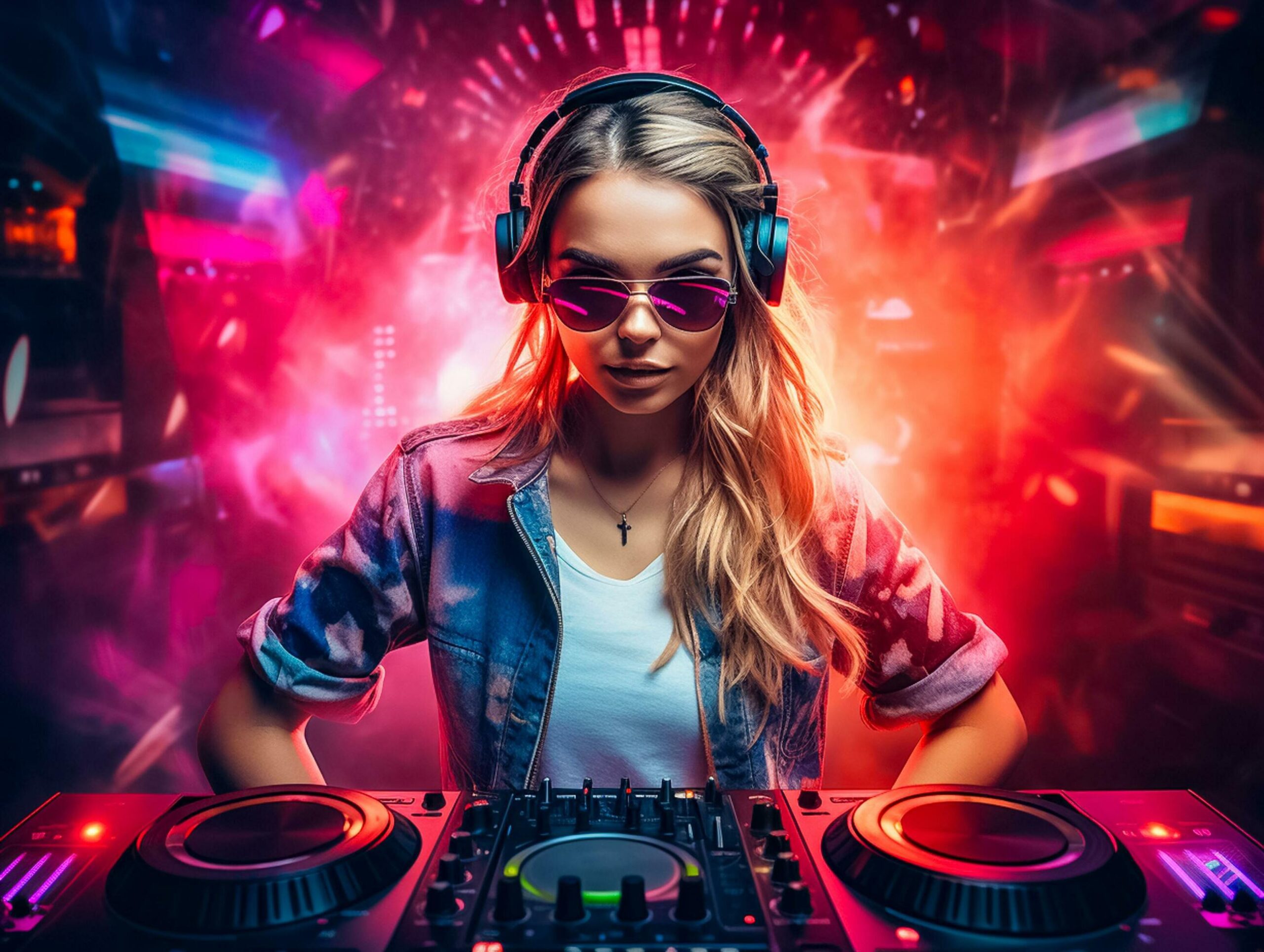 Young woman dj with sunglasses Smoke and Headphones playing music. Nightlife concept. AI Generated Free Photo