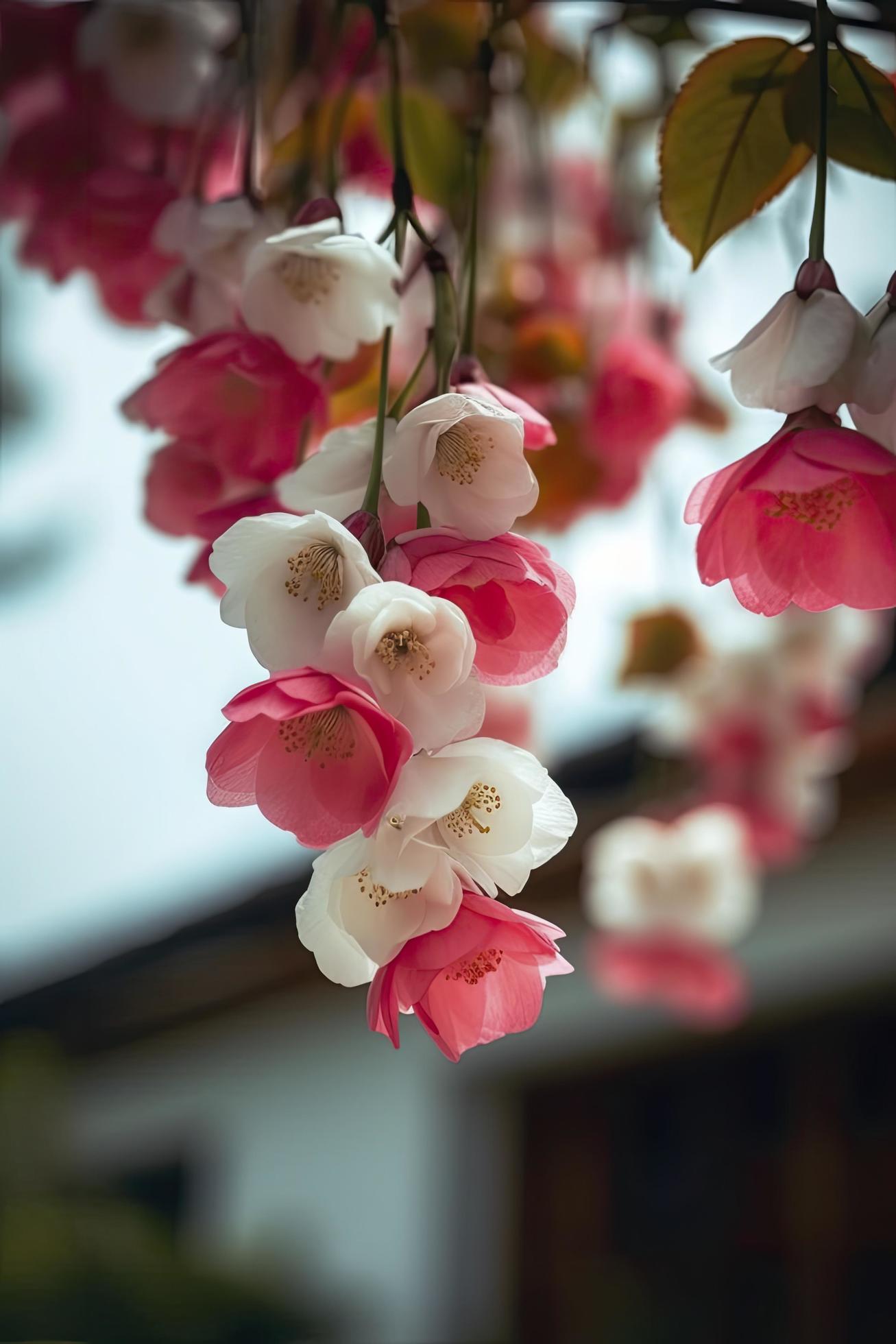 Spring, super real many pink and white silk crabapple flowers hanging on the shelf, pink and white petals, blue sky, generat ai Stock Free