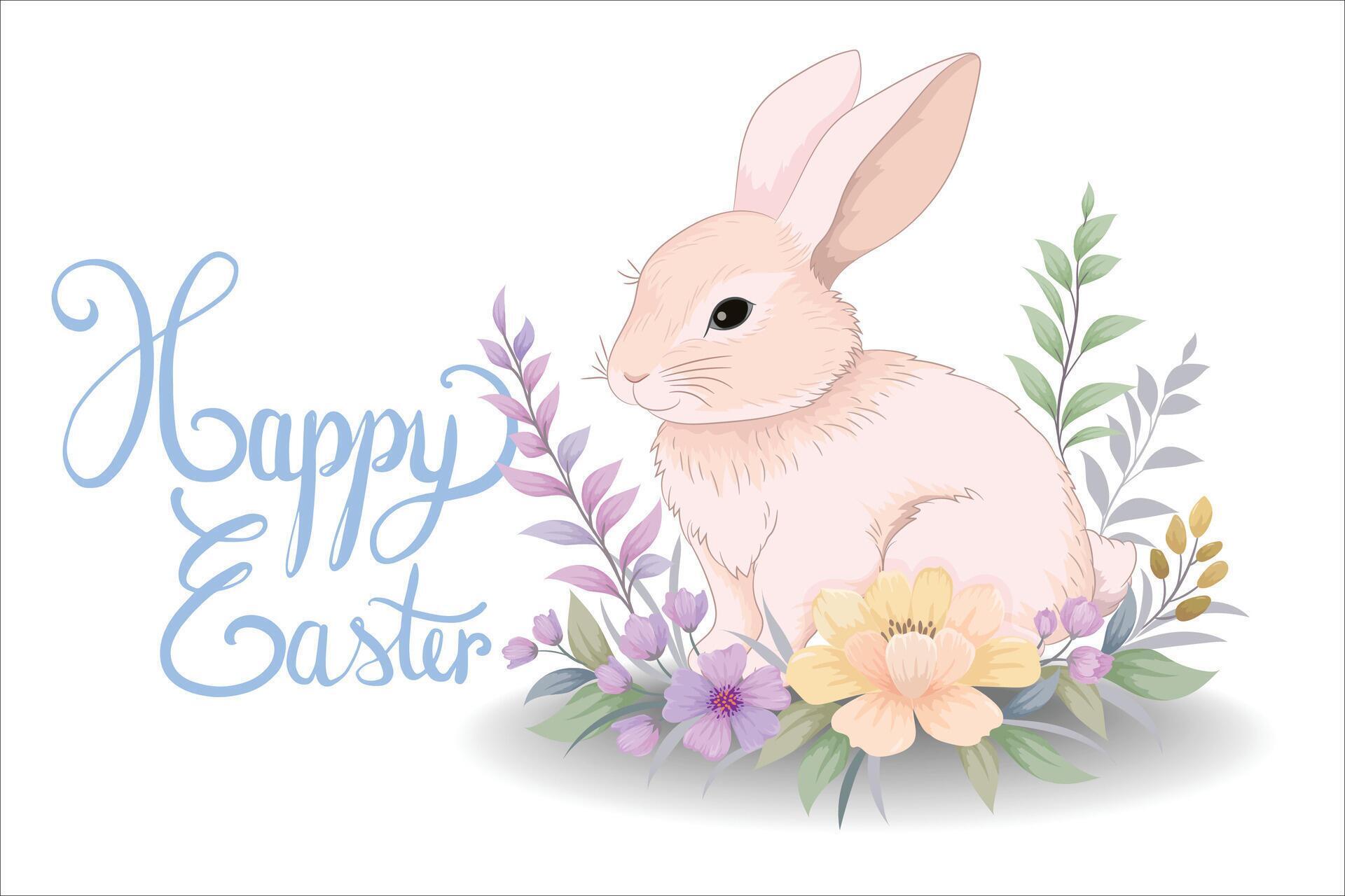 Cute Easter bunny with flowers for decoration. Stock Free