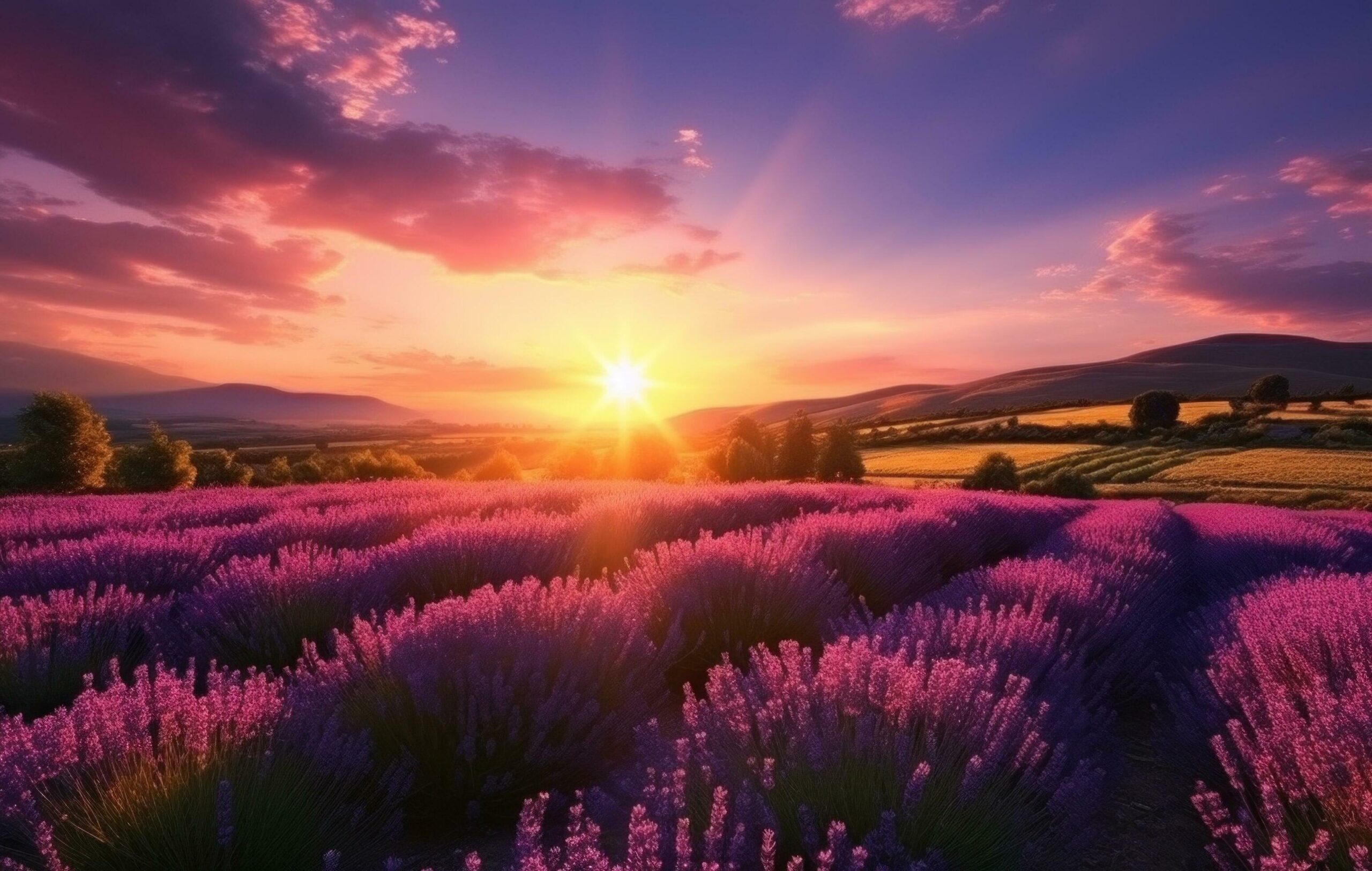 lavender field landscape in a beautiful sunset Free Photo