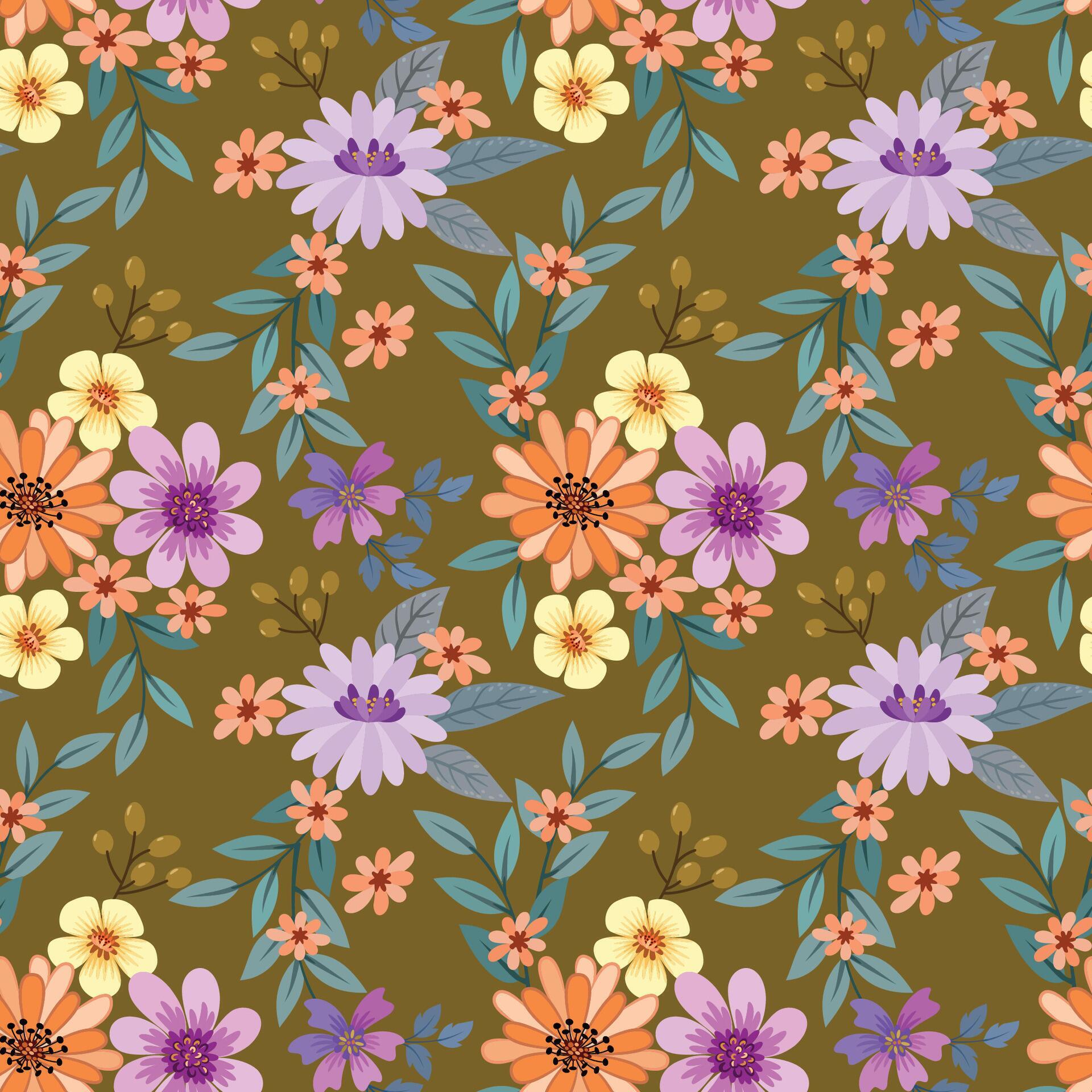 Cute colorful flowers on brown color background seamless pattern. Stock Free