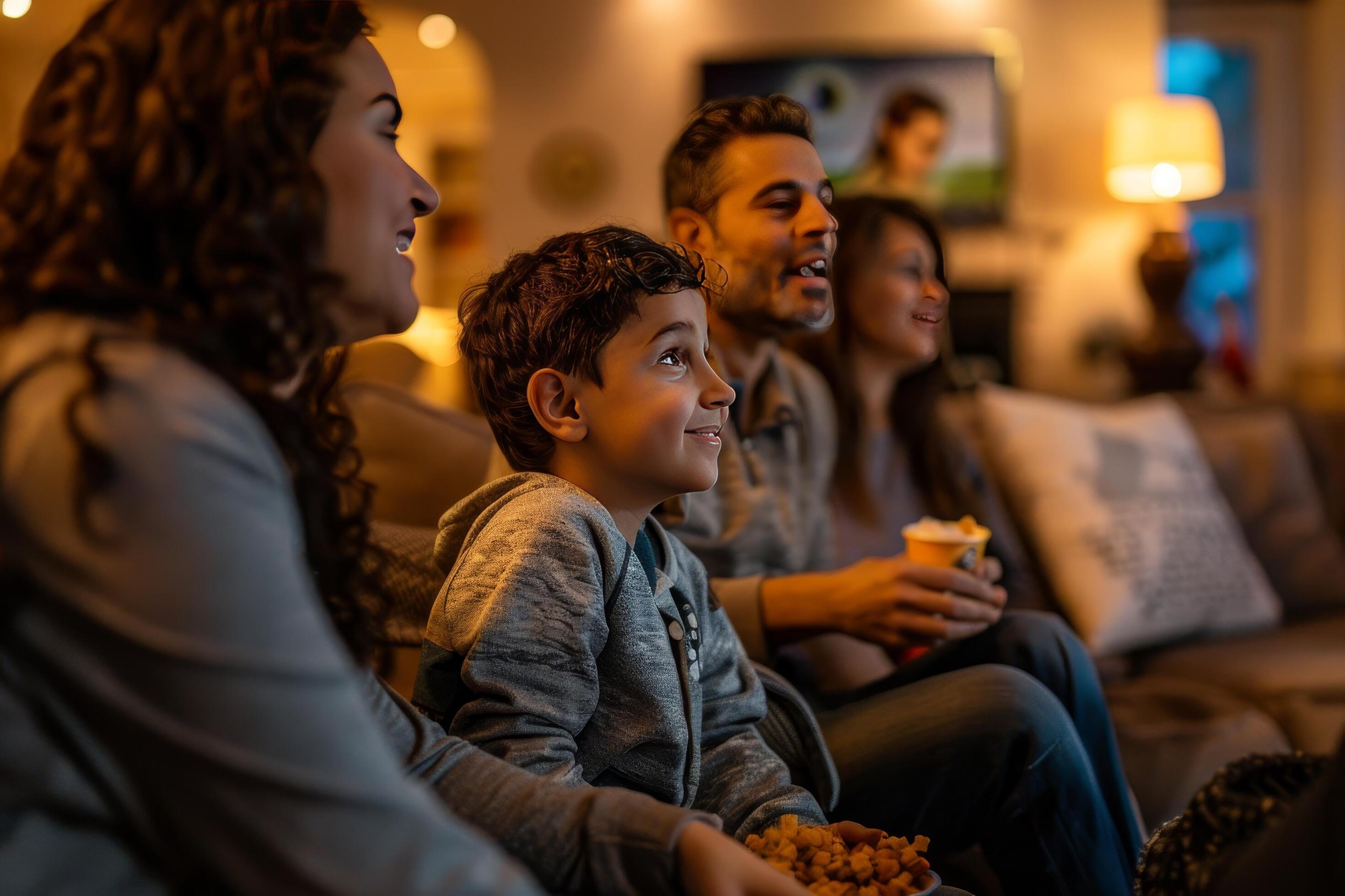 family of four is sitting on a couch watching television Stock Free