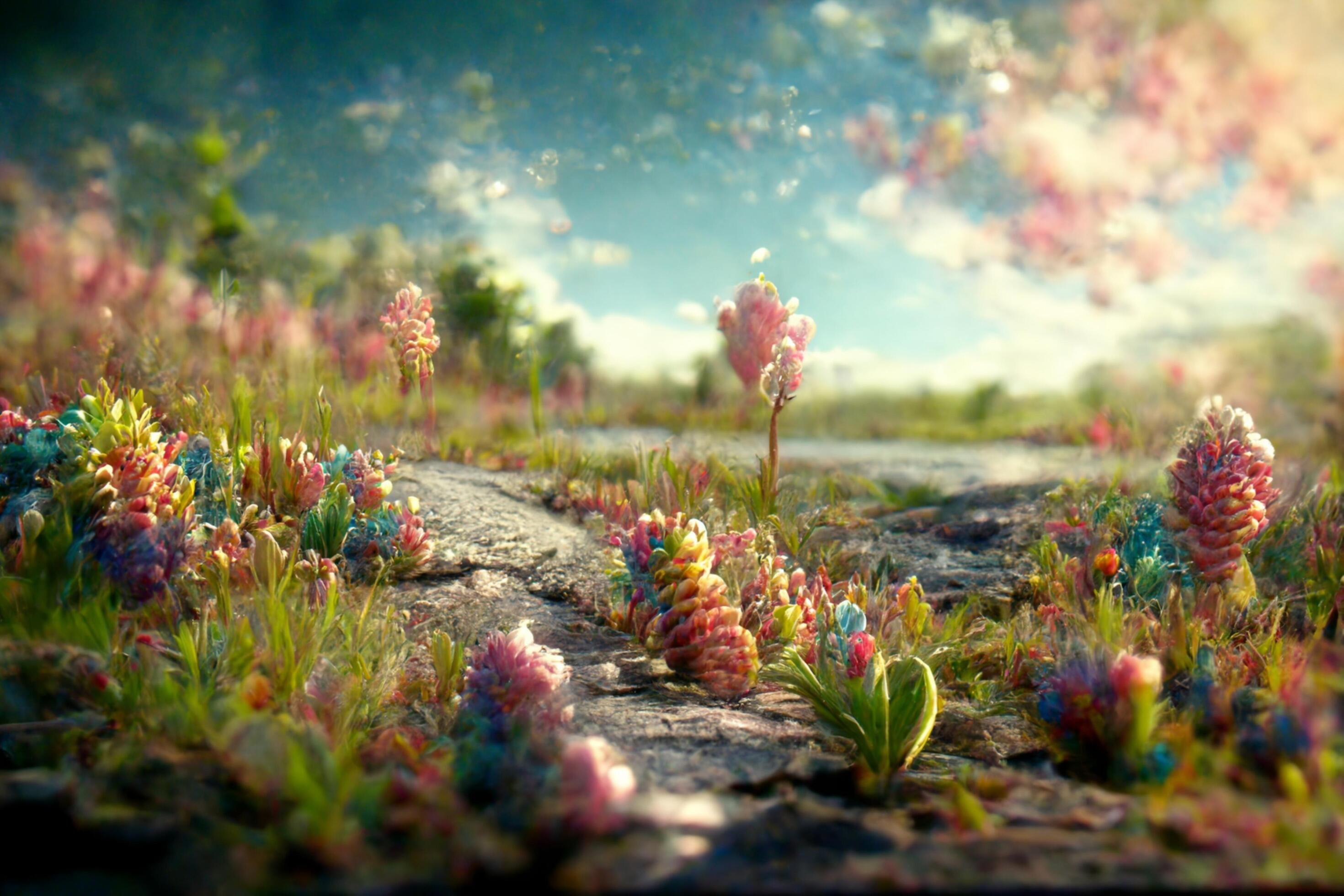 field of flowers sitting on top of a dirt road. . Stock Free