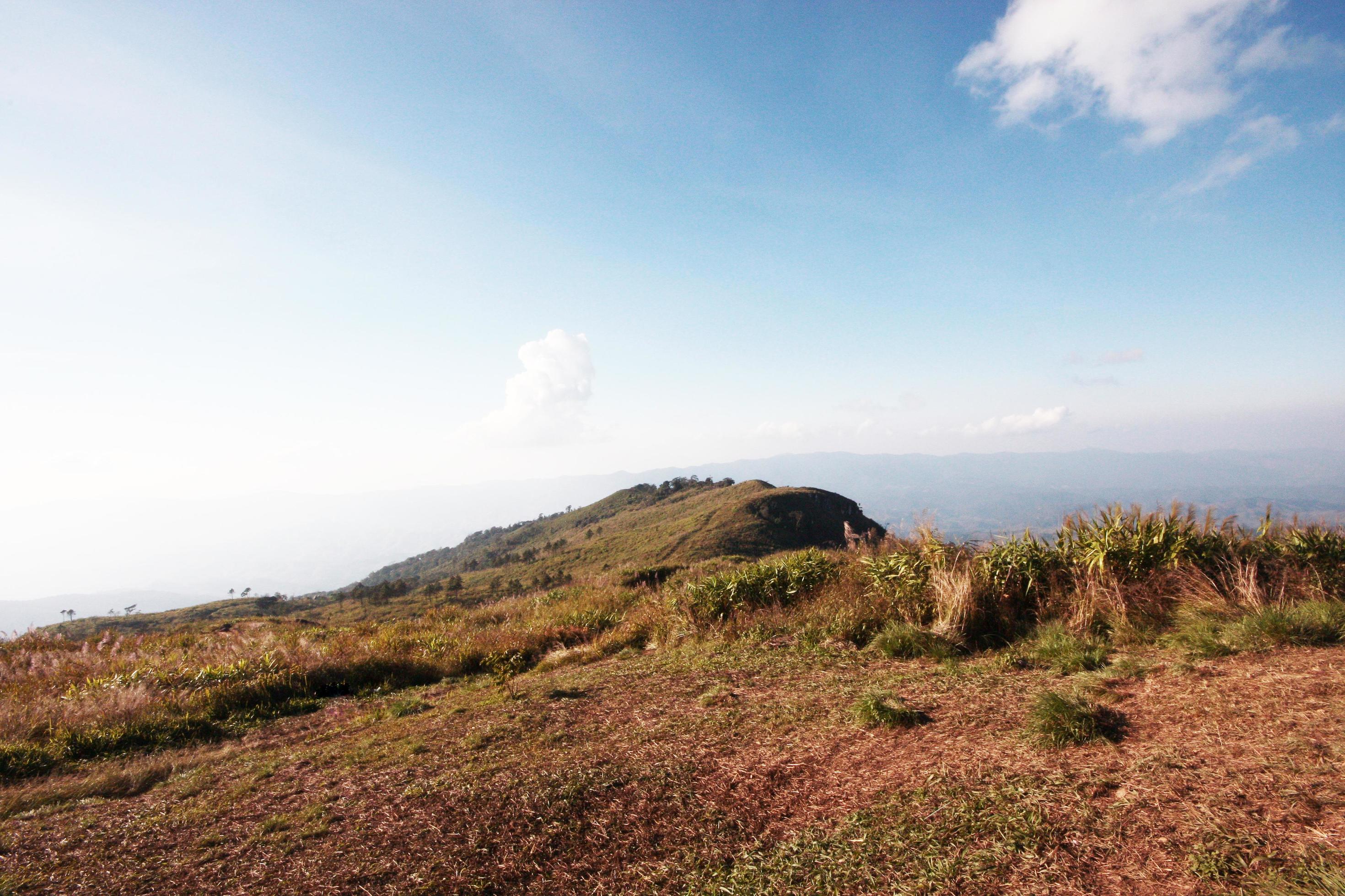 Aerial view of hightland with dry grass and forest hill in blue sky on the valley mountain in Thailand Stock Free