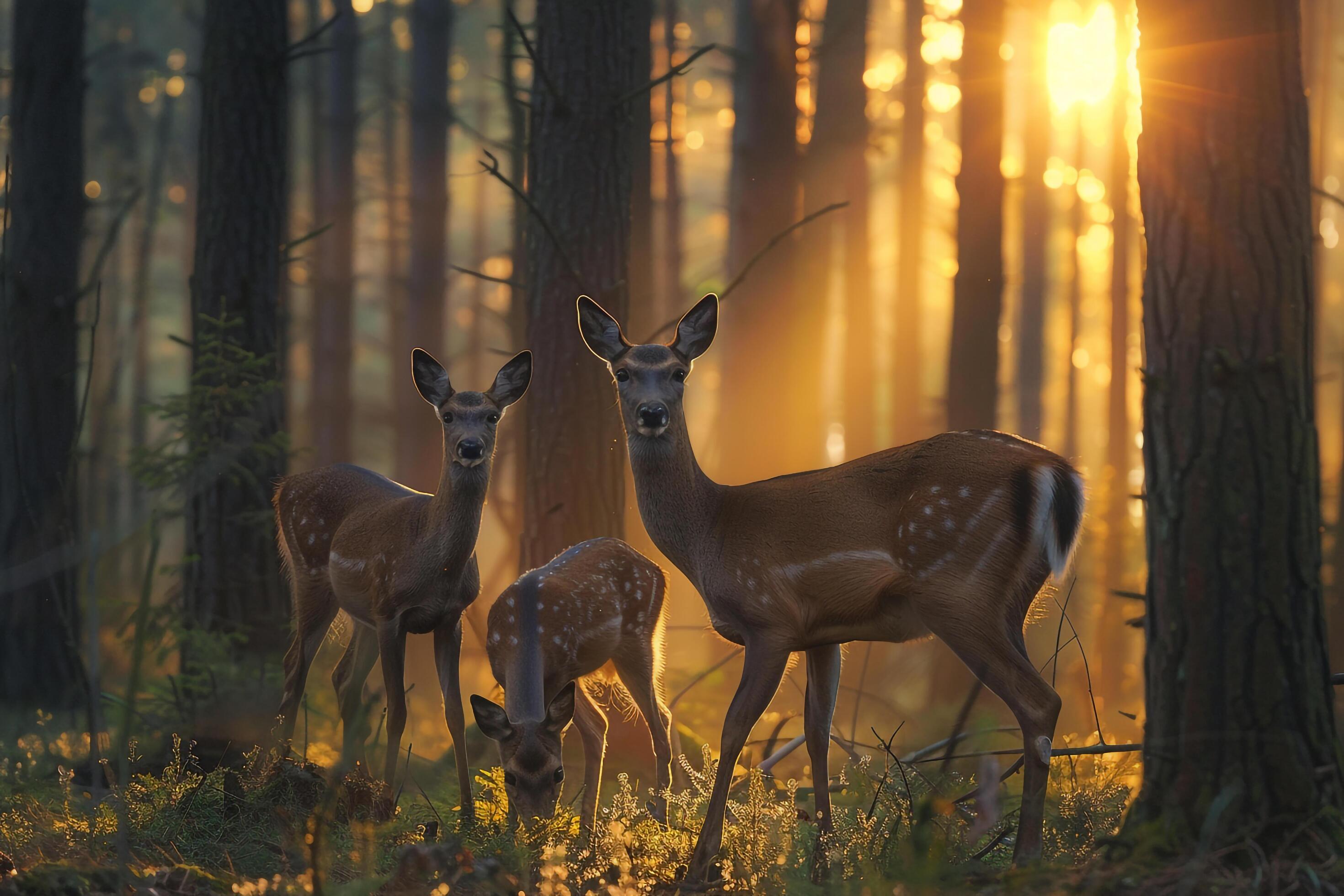 family of deer grazing in a forest clearing at dawn nature background Stock Free