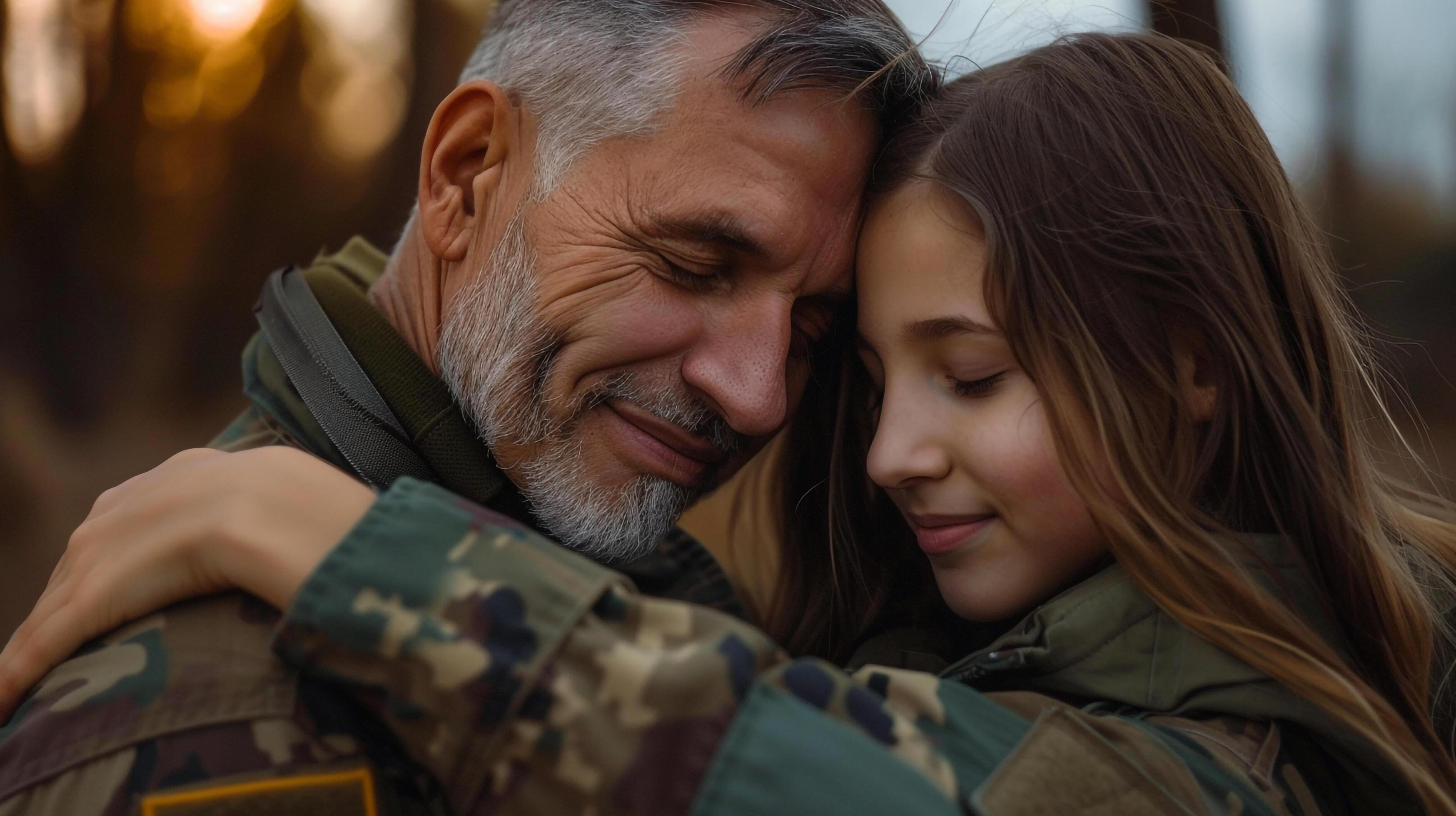 Man and child embrace outdoors Stock Free