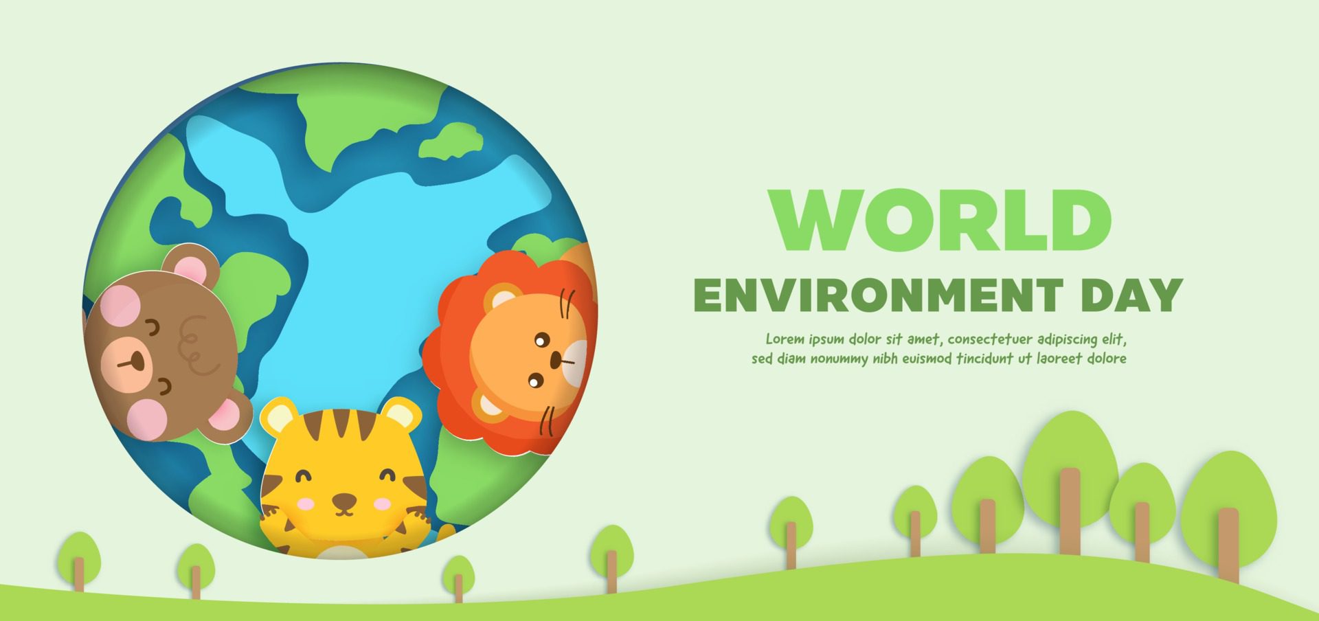 world environment day banner with cute animals in paper cut style. Free Vector