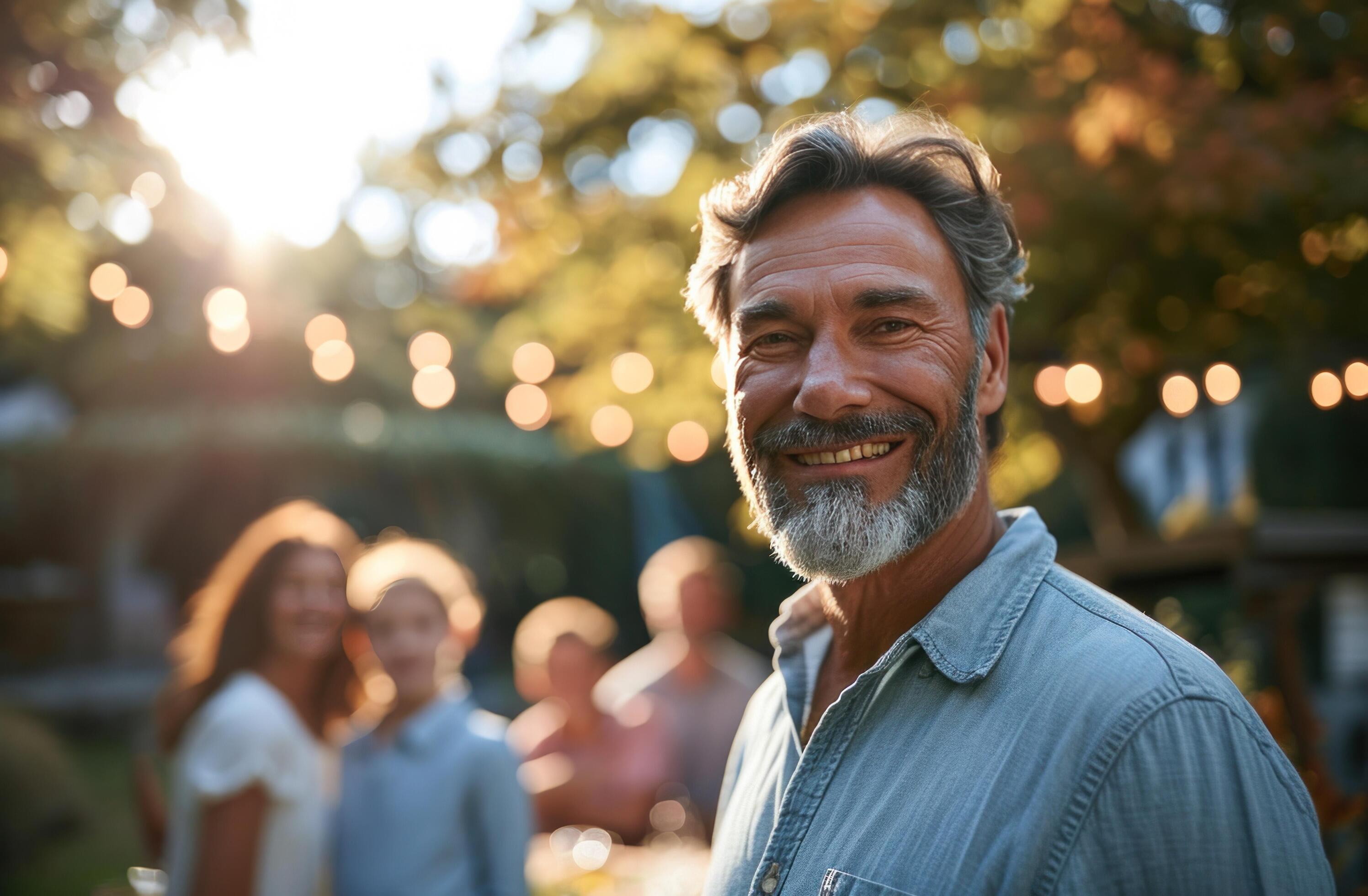 AI generated a happy man standing in front of a family at an outdoor event Stock Free