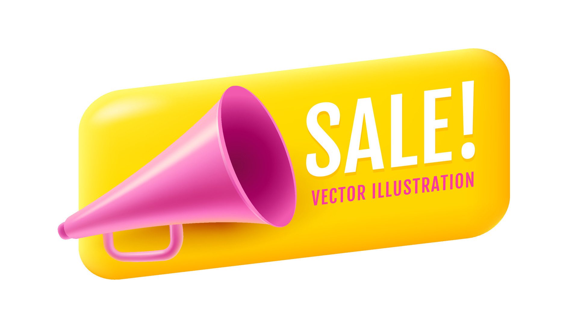 Vintage pink megaphone on yellow banner in realistic 3d style. Retro loudspeaker on yellow background. Free Vector