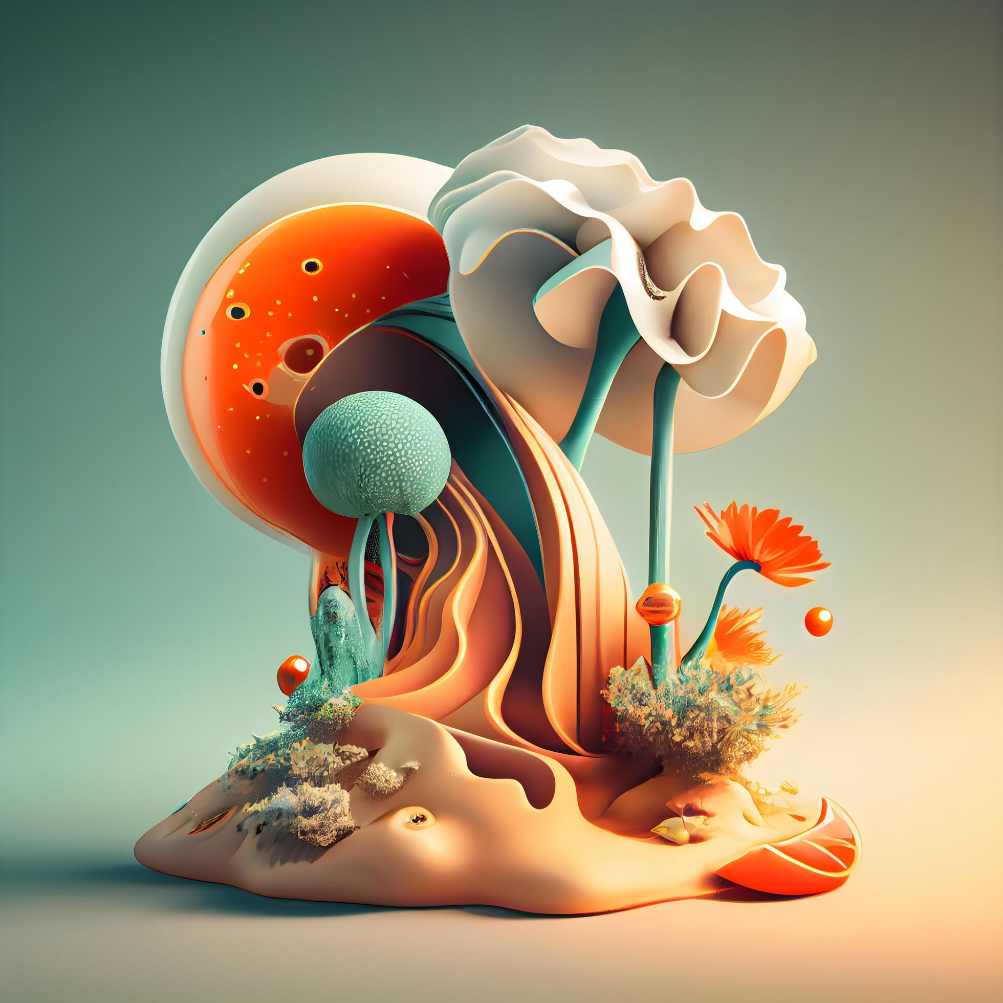 3d illustration of abstract fantasy landscape with flowers and planet. 3d rendering, Image Stock Free