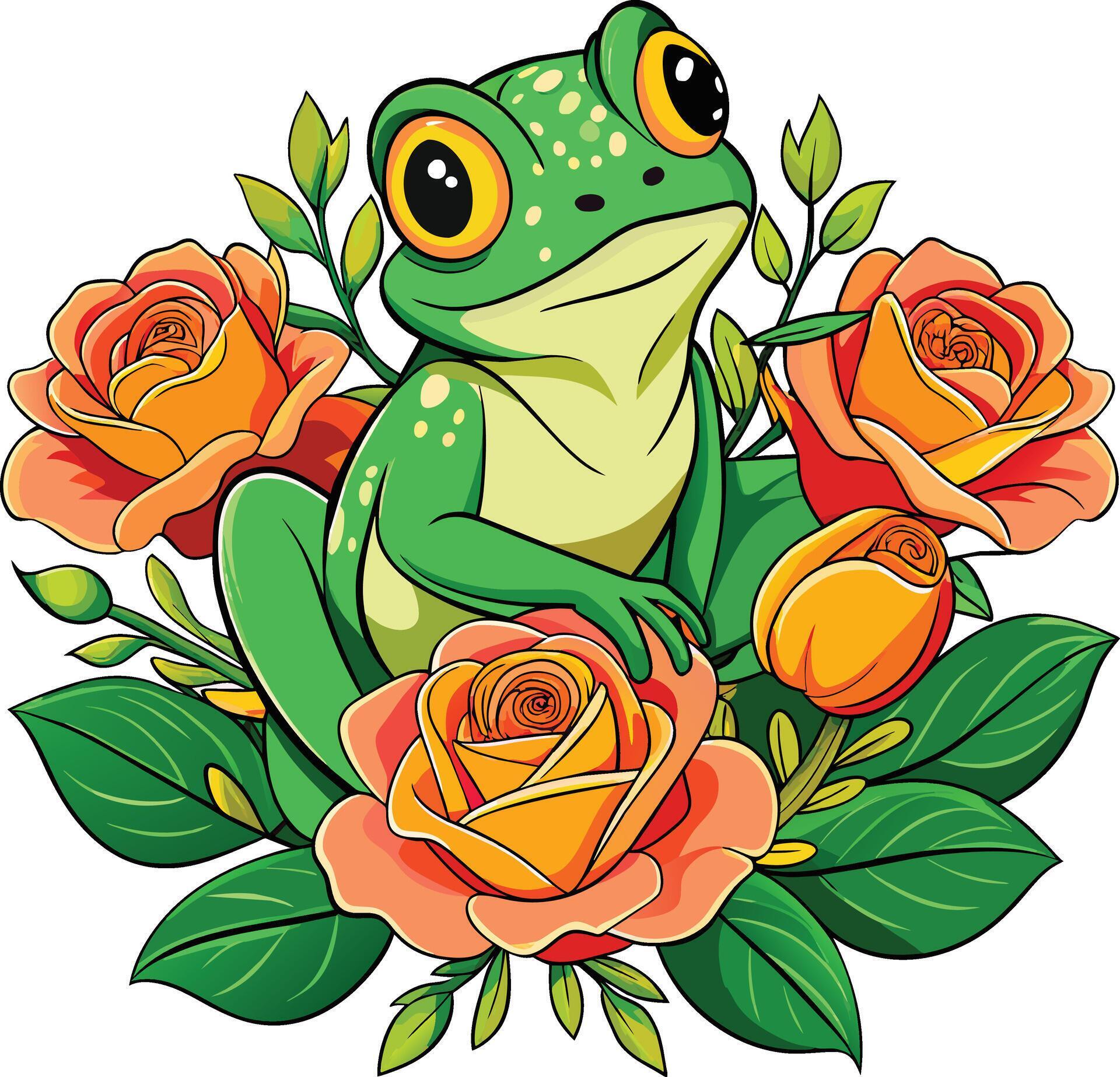 Cute cartoon frog sitting on a flower bouquet. Vector illustration. Stock Free