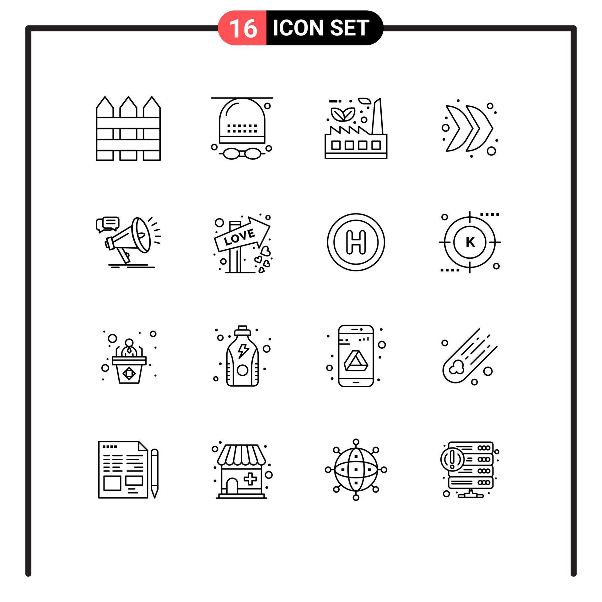 Mobile Interface Outline Set of 16 Pictograms of right arrow glasses sustainable eco Editable Vector Design Elements Stock Free