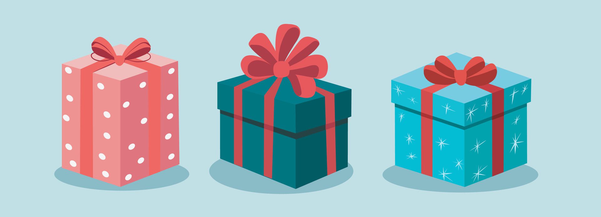 
									Vector gift boxes closed with bow isolated on blue background. Modern holiday surprise boxes. Vector icon for banners for birthday or wedding, new year Free Vector