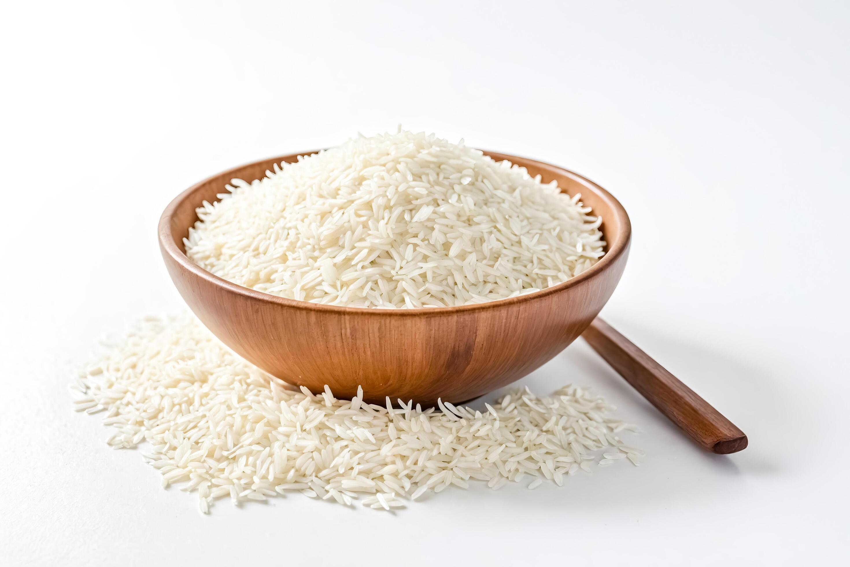 White Rice in a Wooden Bowl on a White Background Stock Free