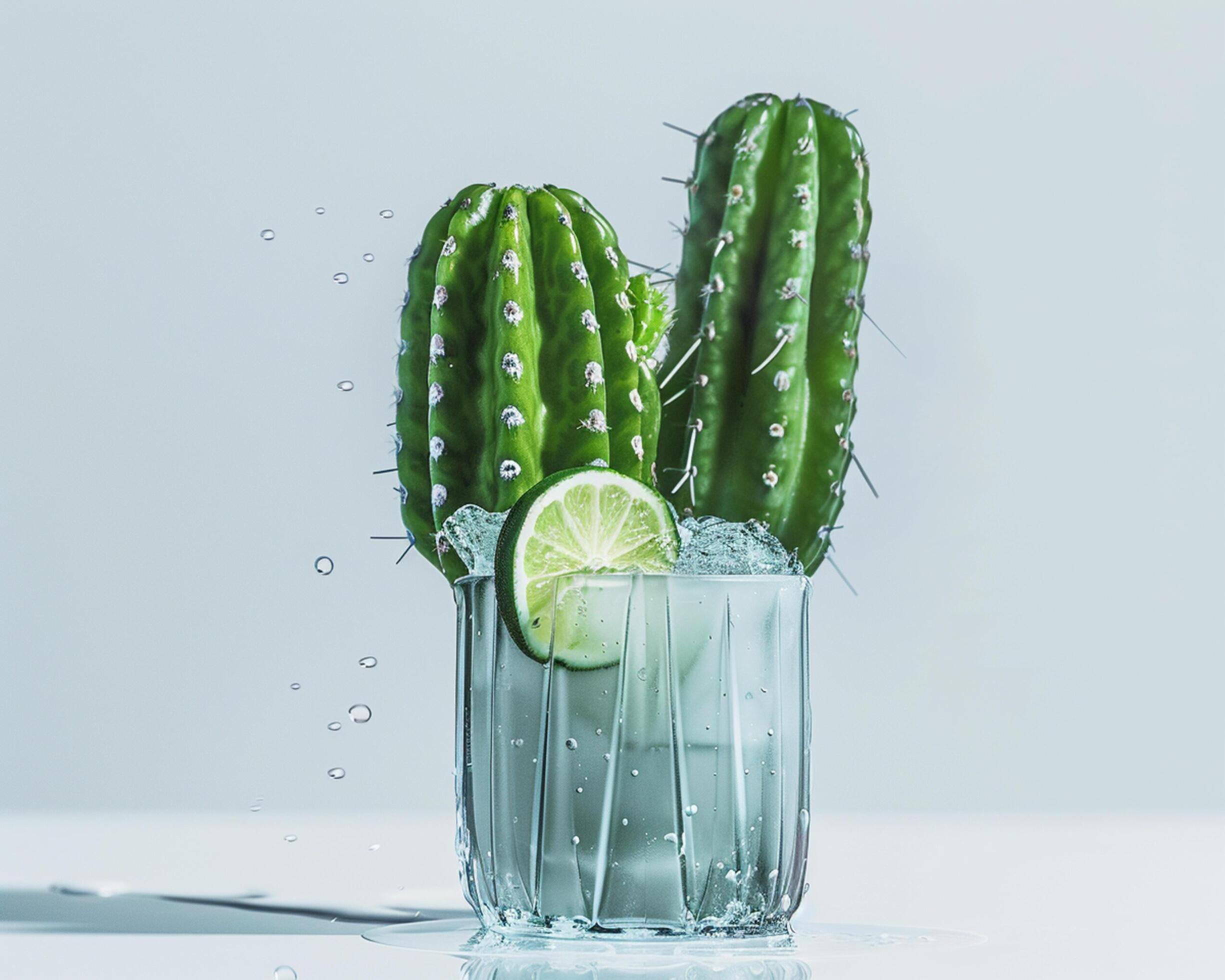 
									a cactus is sitting in a glass with water and lime Stock Free