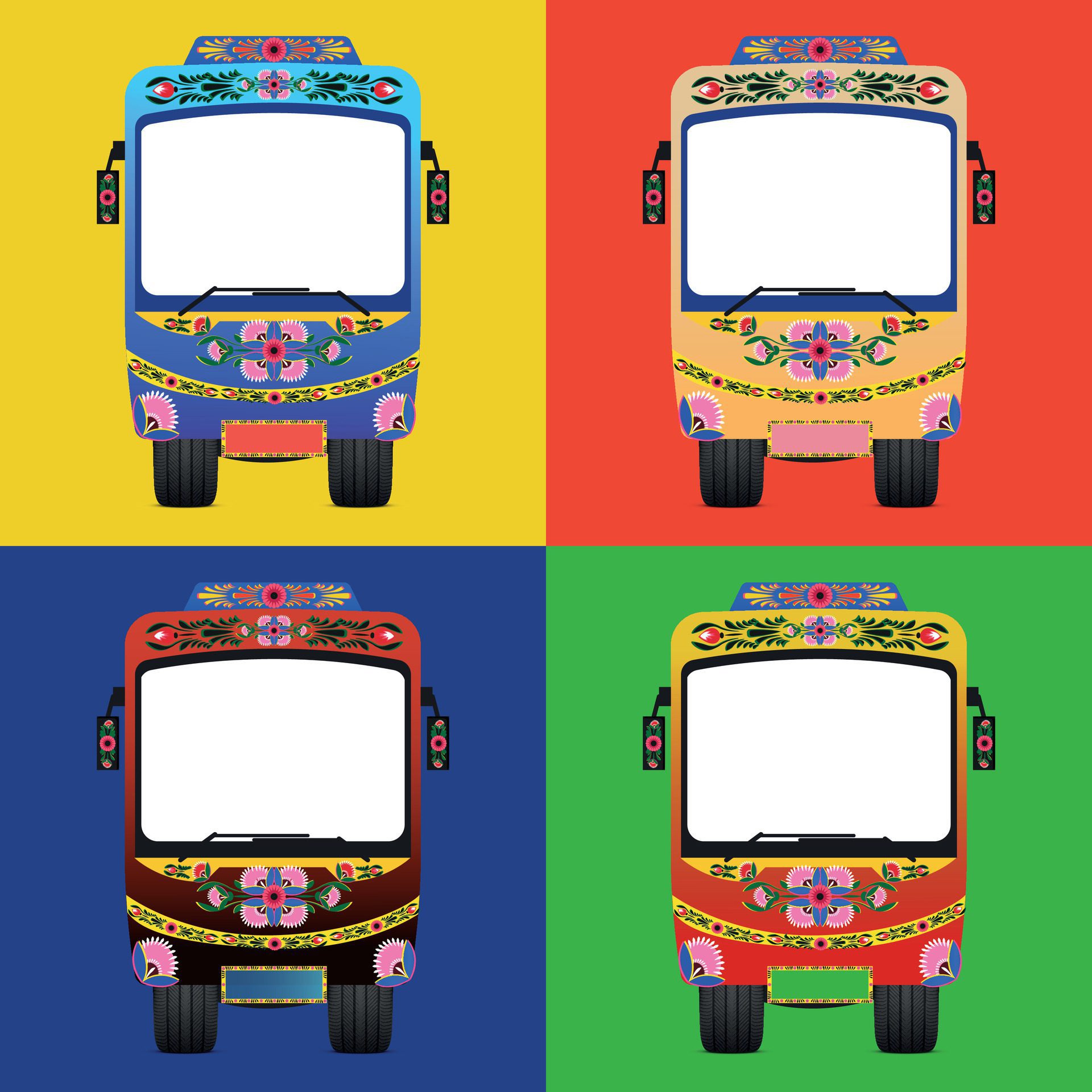 Set of colorful trucks with a colorful flower pattern on the front Free Vector