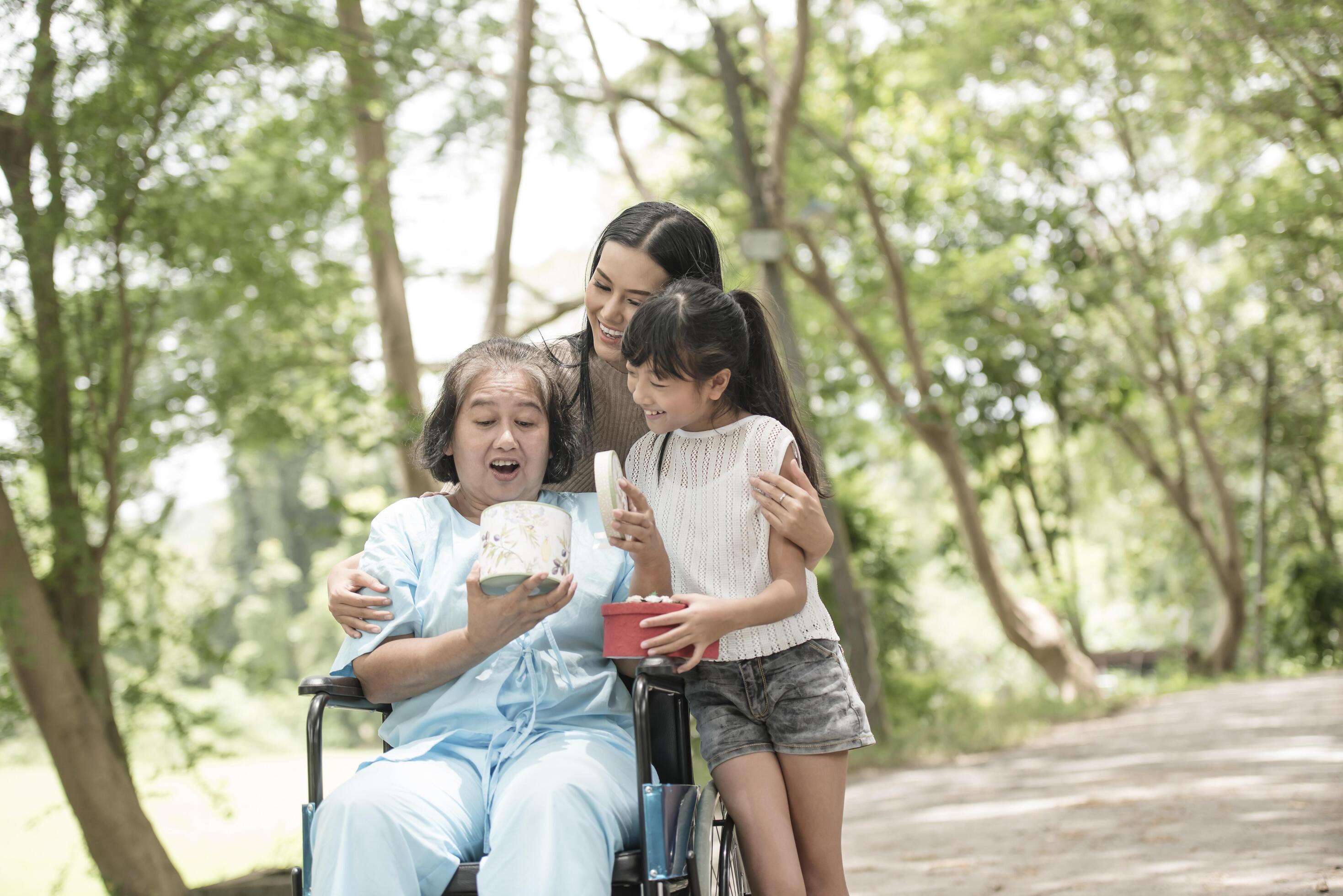 Granddaughter have surprise to grandmother sitting on wheelchair. Stock Free