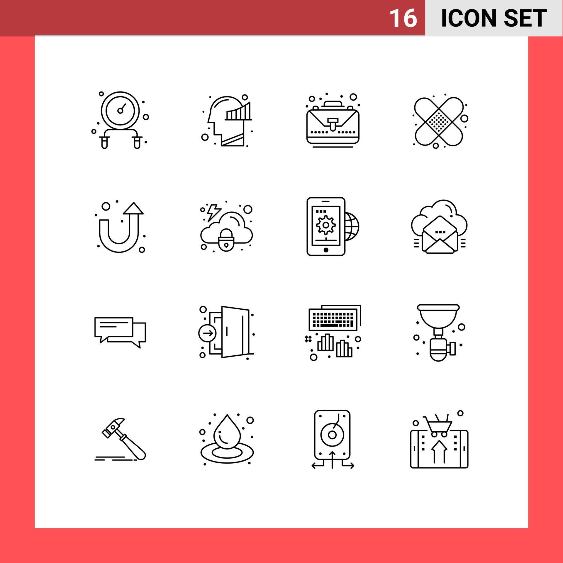 Mobile Interface Outline Set of 16 Pictograms of cloud sign case arrow bandage Editable Vector Design Elements Stock Free