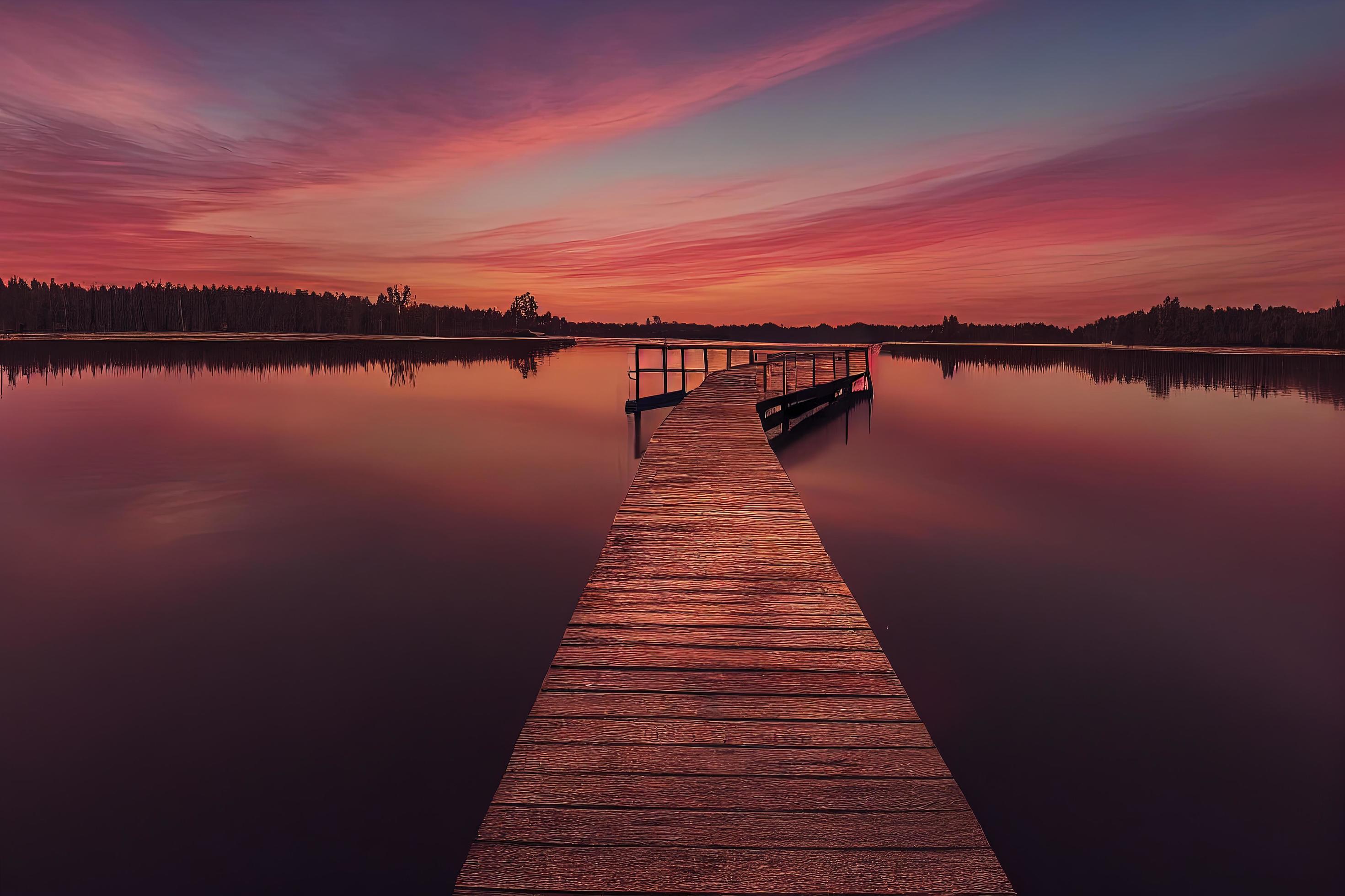 colorfull wooden pier on a lake that is totally calm during sunset Stock Free