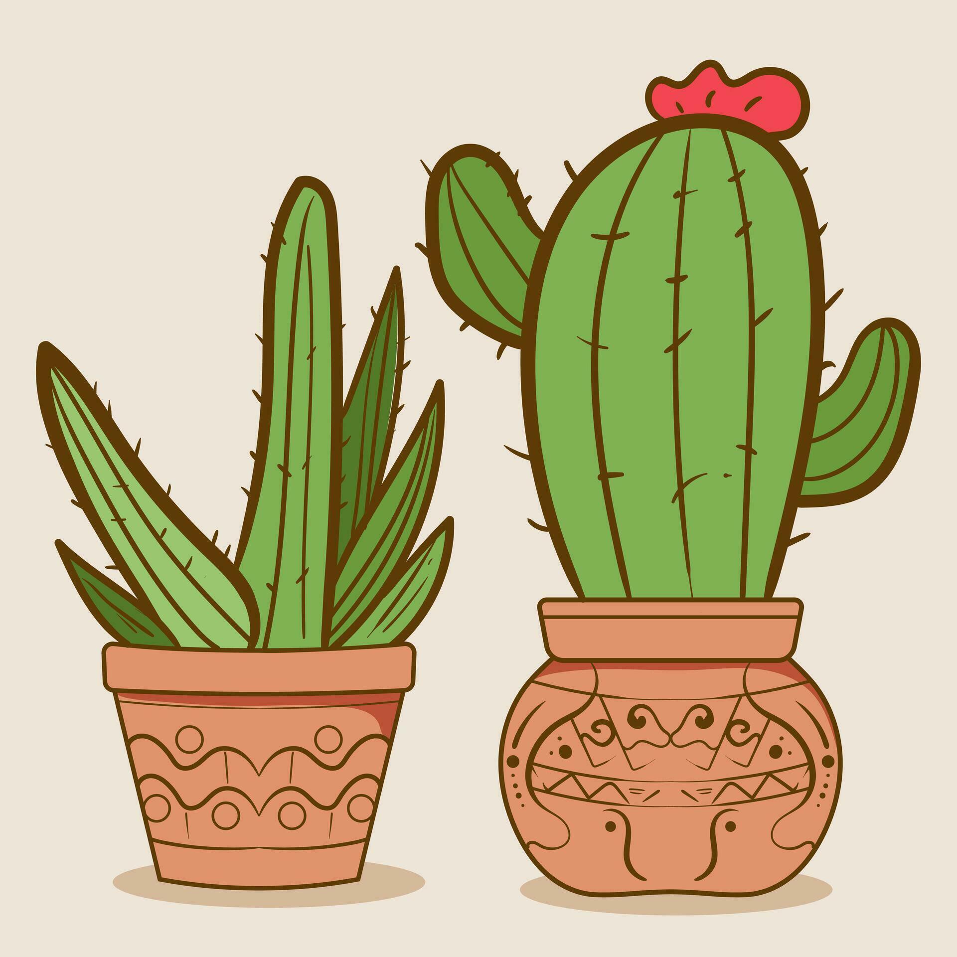 Plant room green cactus. Cute green cactus in flower pots Flat, cartoon style. Vector illustration white background. Element design. Stock Free