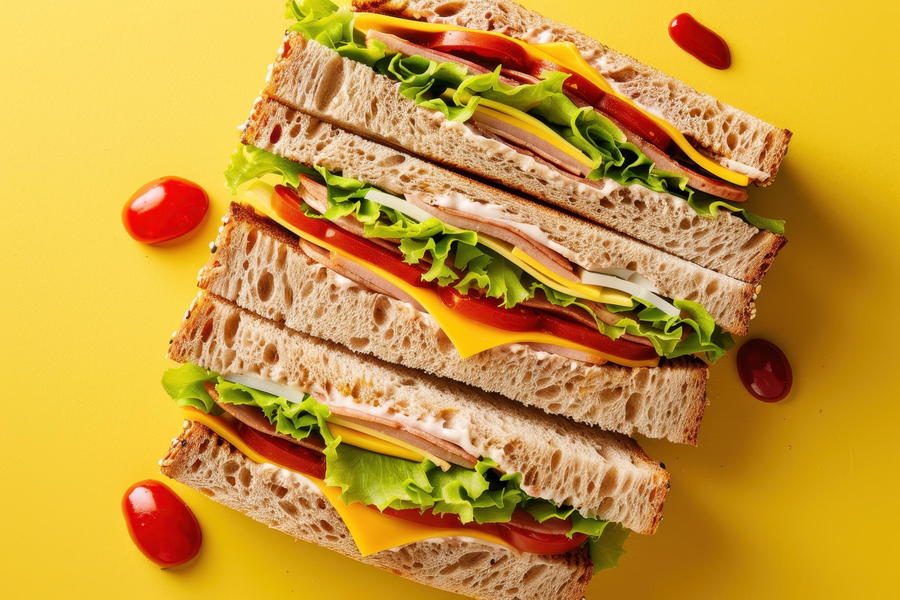 Stack of Four Sandwiches with Ham, Cheese, Tomato, and Lettuce on Yellow Background Stock Free