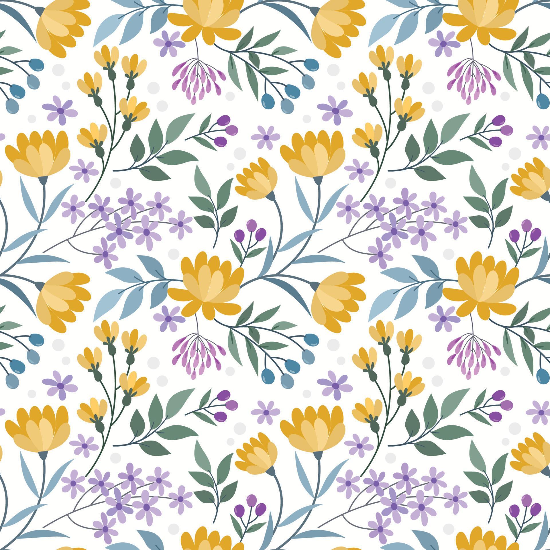 Blooming yellow flowers and small purple flowers seamless pattern. Stock Free