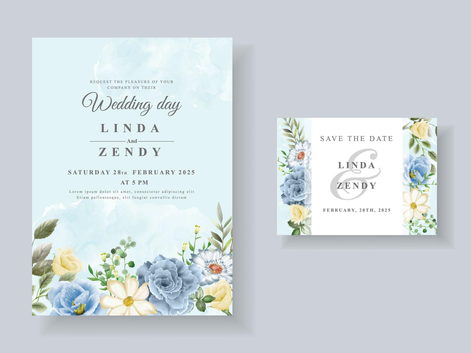 Beautiful blue flowers wedding invitation card template Stock Free