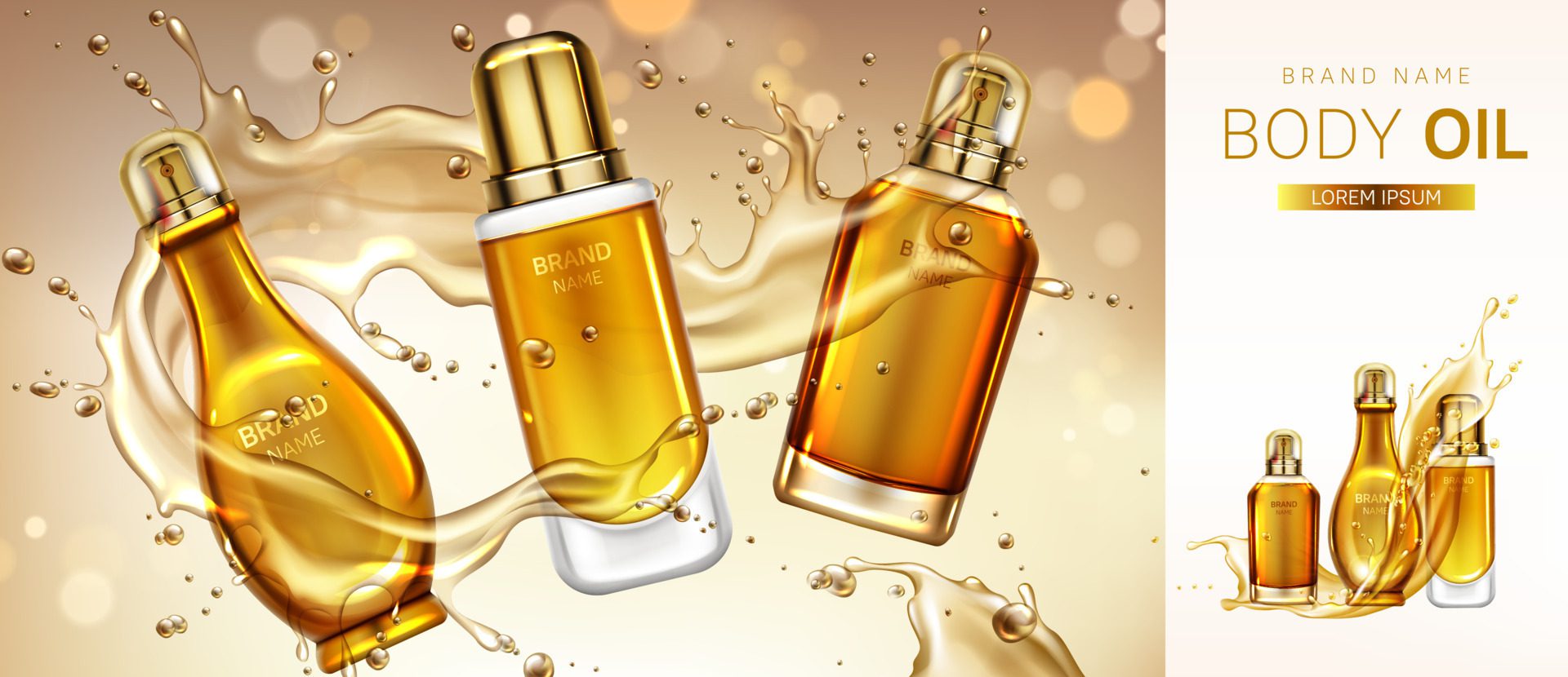 Body oil cosmetics product bottles mockup banner. Free Vector