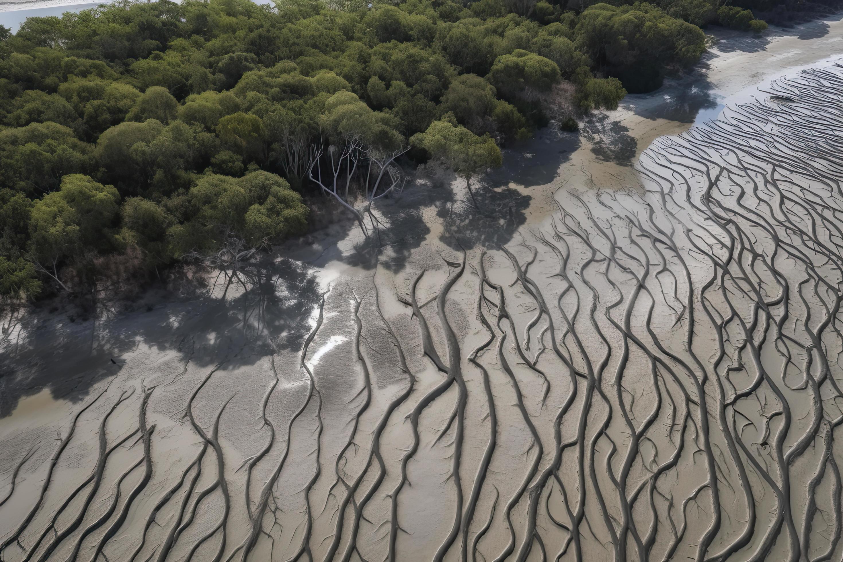 Aerial view of natural patterns in the sand at low tide near mangrove tree forest. Stock Free