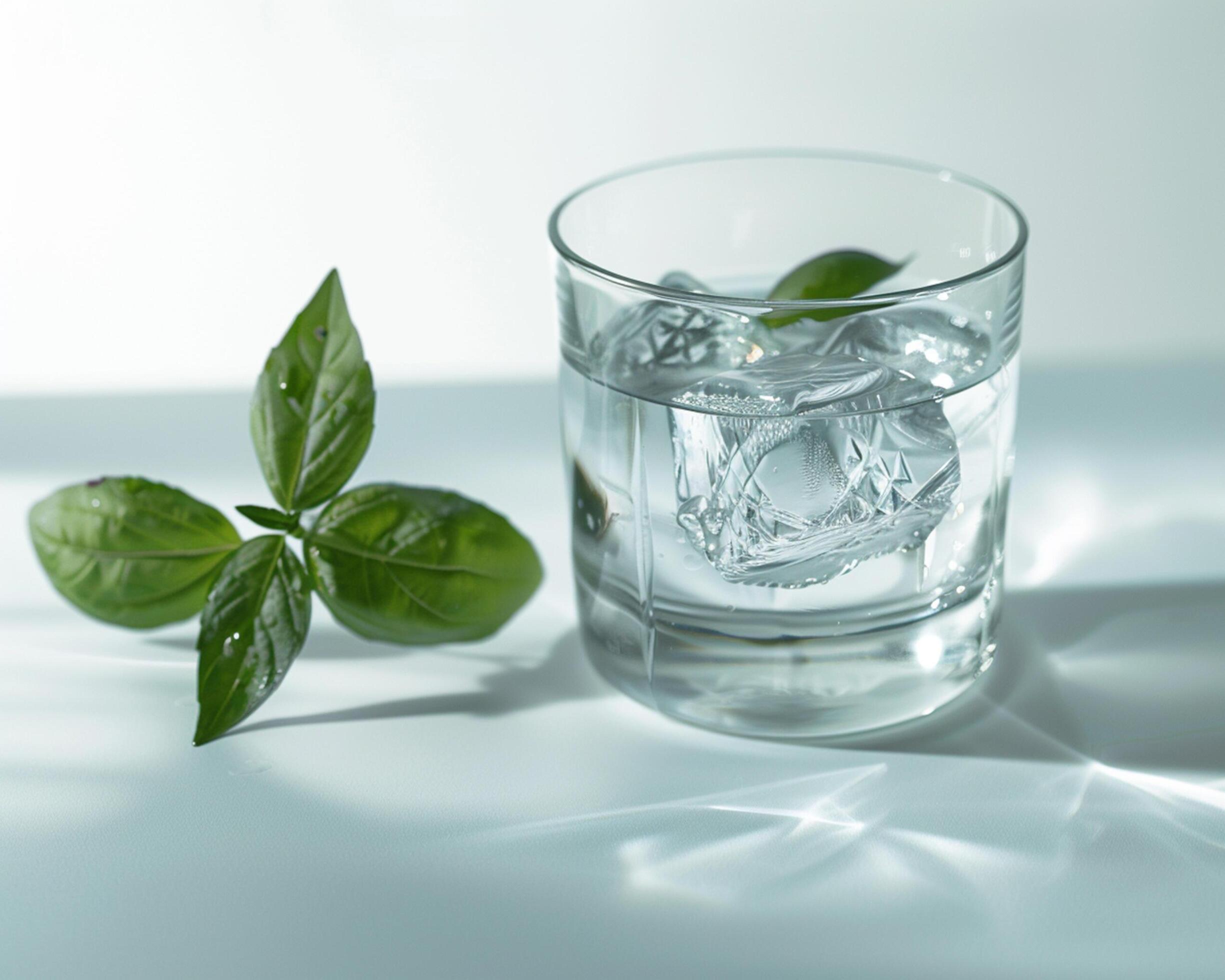 a glass of water with ice and a leaf Stock Free