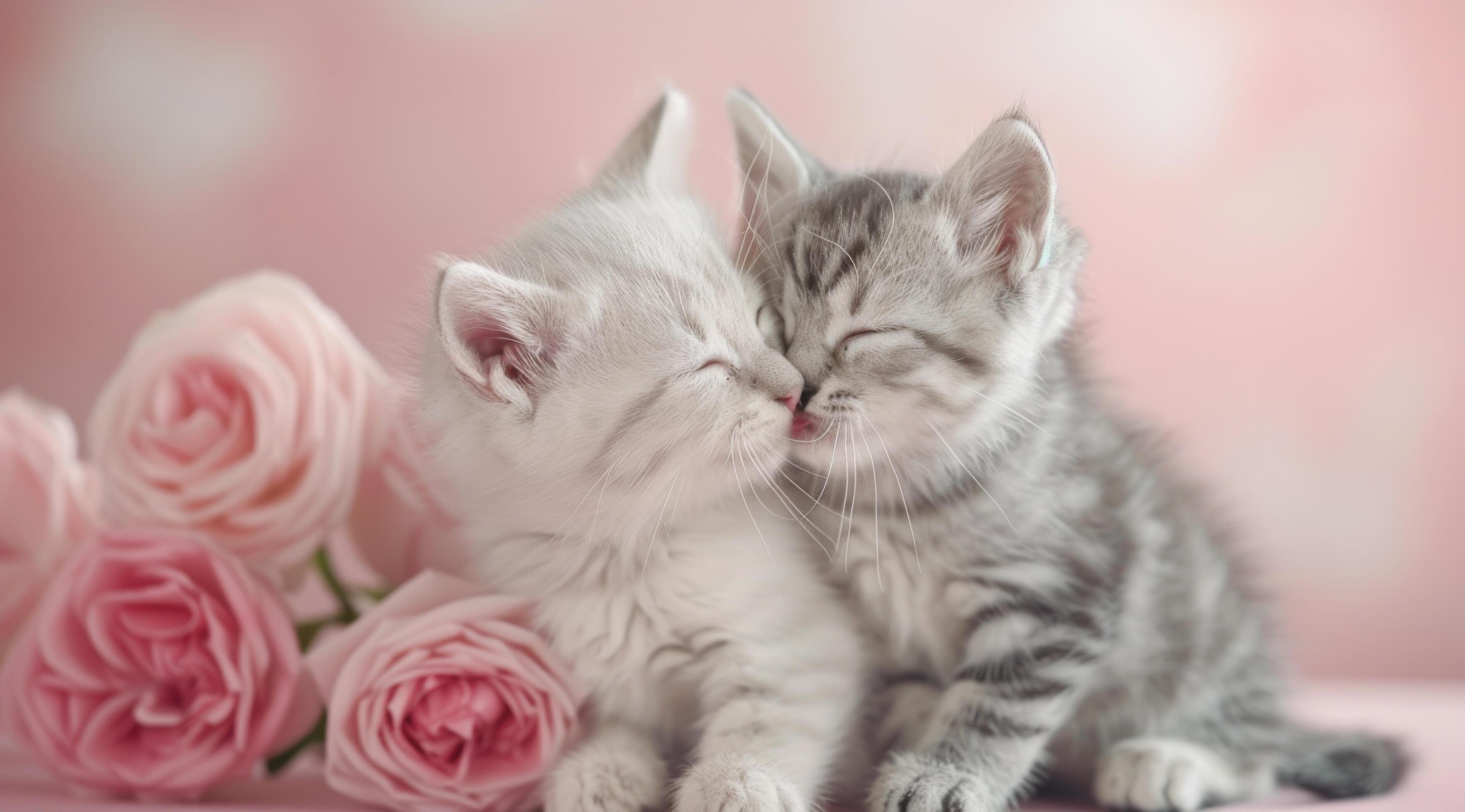 Two Adorable Kittens Snuggling Among Roses With Soft Pink Background Stock Free