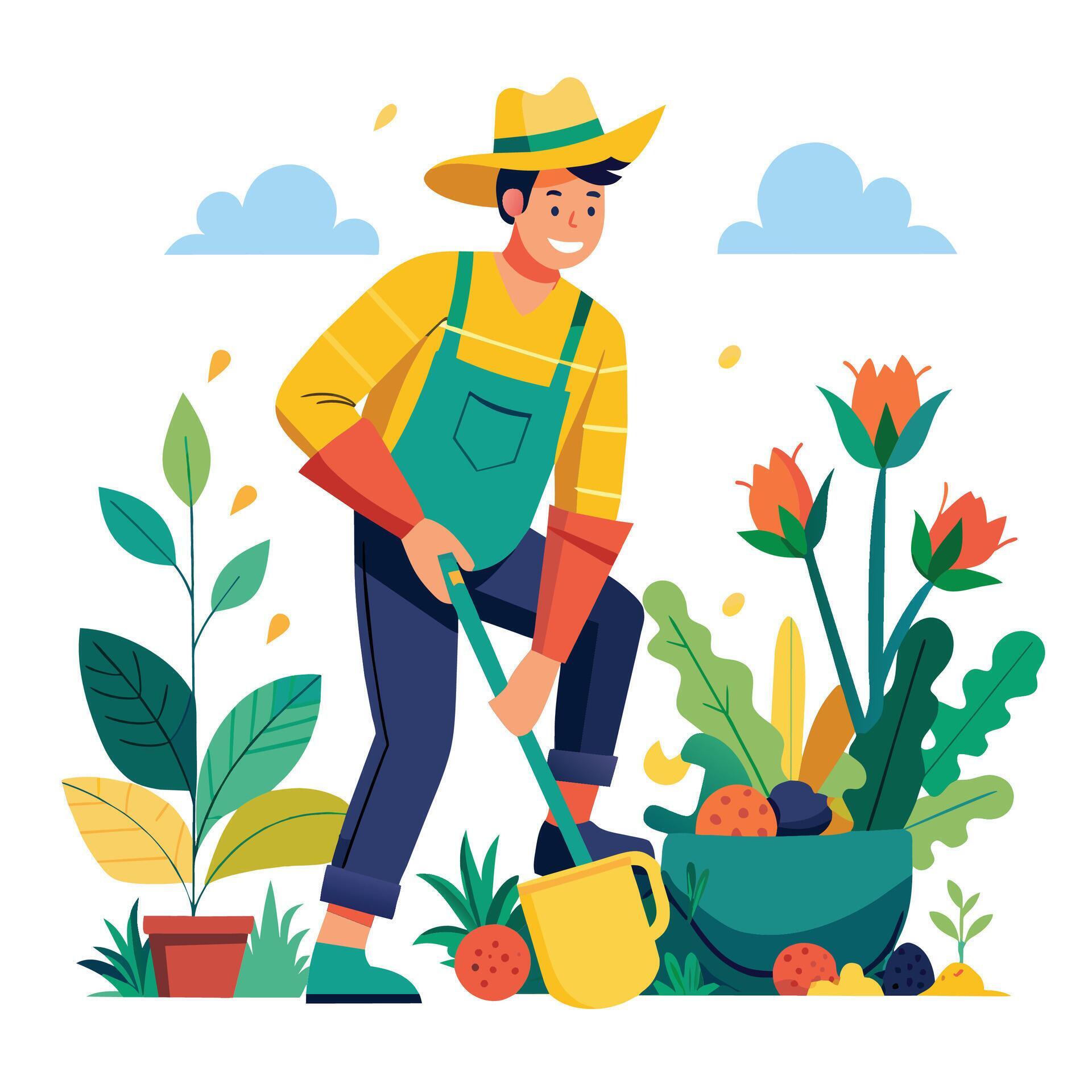 Gardener with watering can and flowers in the garden. Flat vector illustration. Stock Free