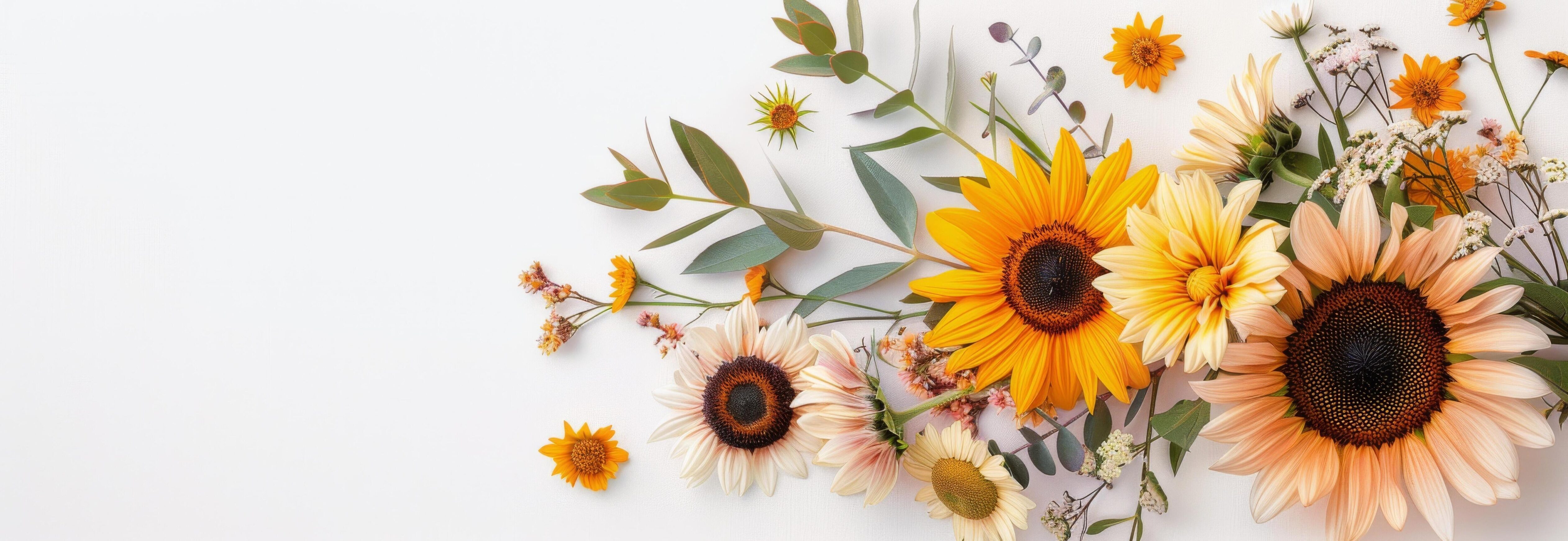 Vibrant Sunflowers and Wildflowers Arranged on a Plain Background Stock Free