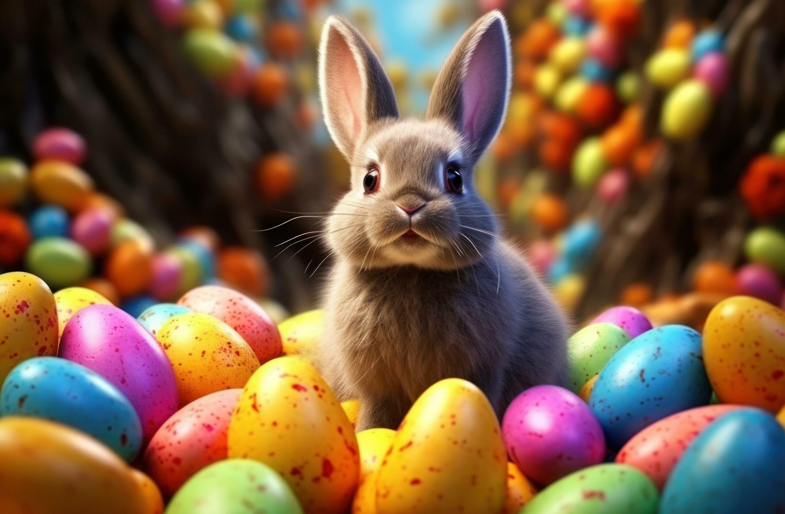 the little bunny is sitting among many coloured eggs, Free Photo