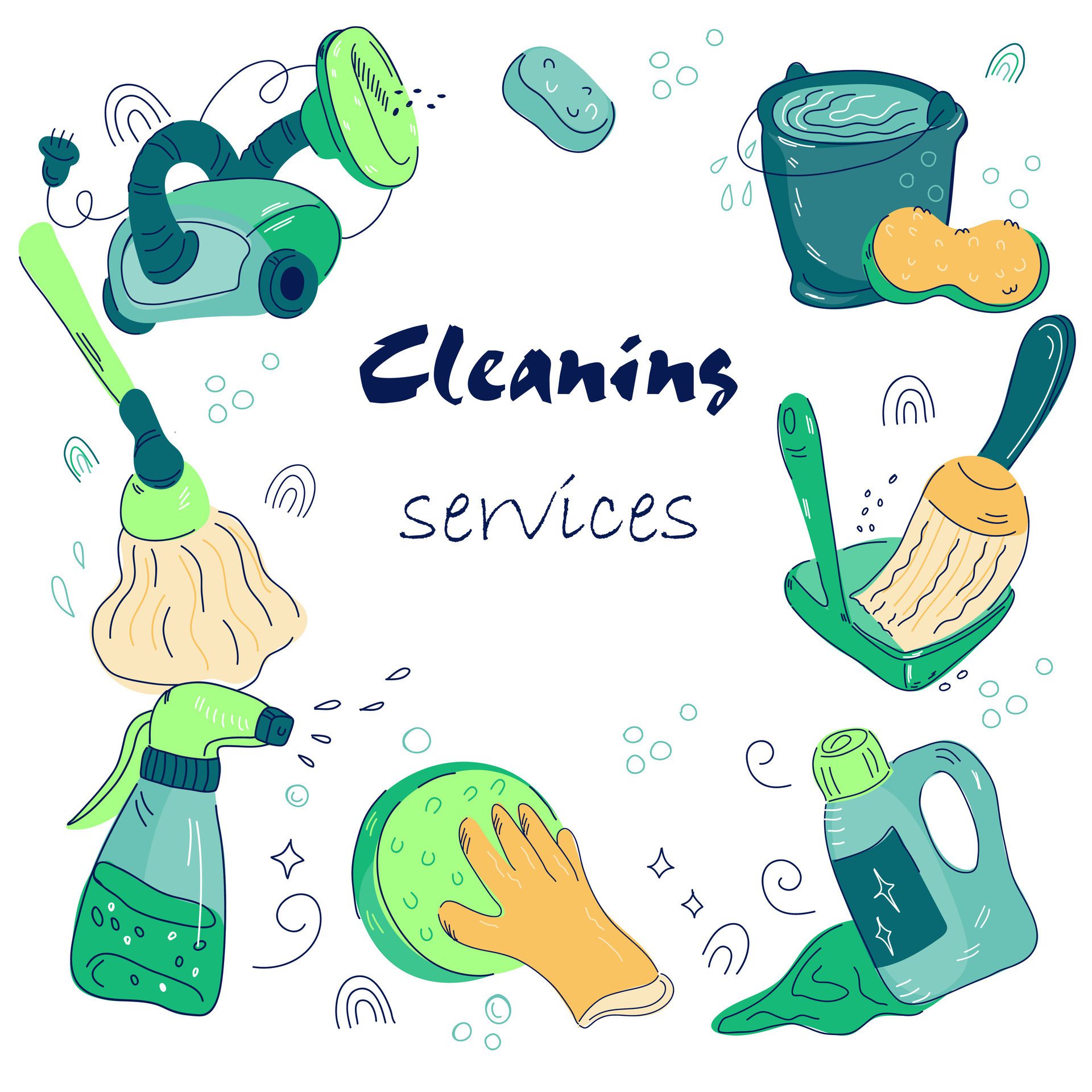 Cleaning services card or banner design with various washing tools in doodle style. Cleaning company advertisement. Free Vector