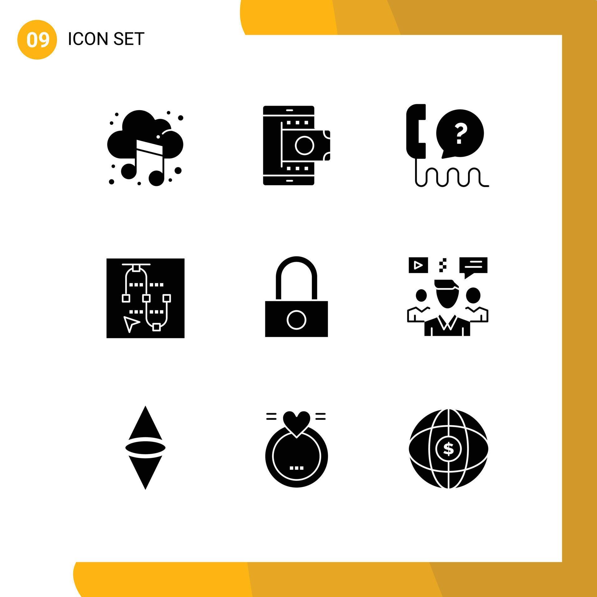 Set of 9 Vector Solid Glyphs on Grid for arrow screen smartphone mouse service Editable Vector Design Elements Stock Free