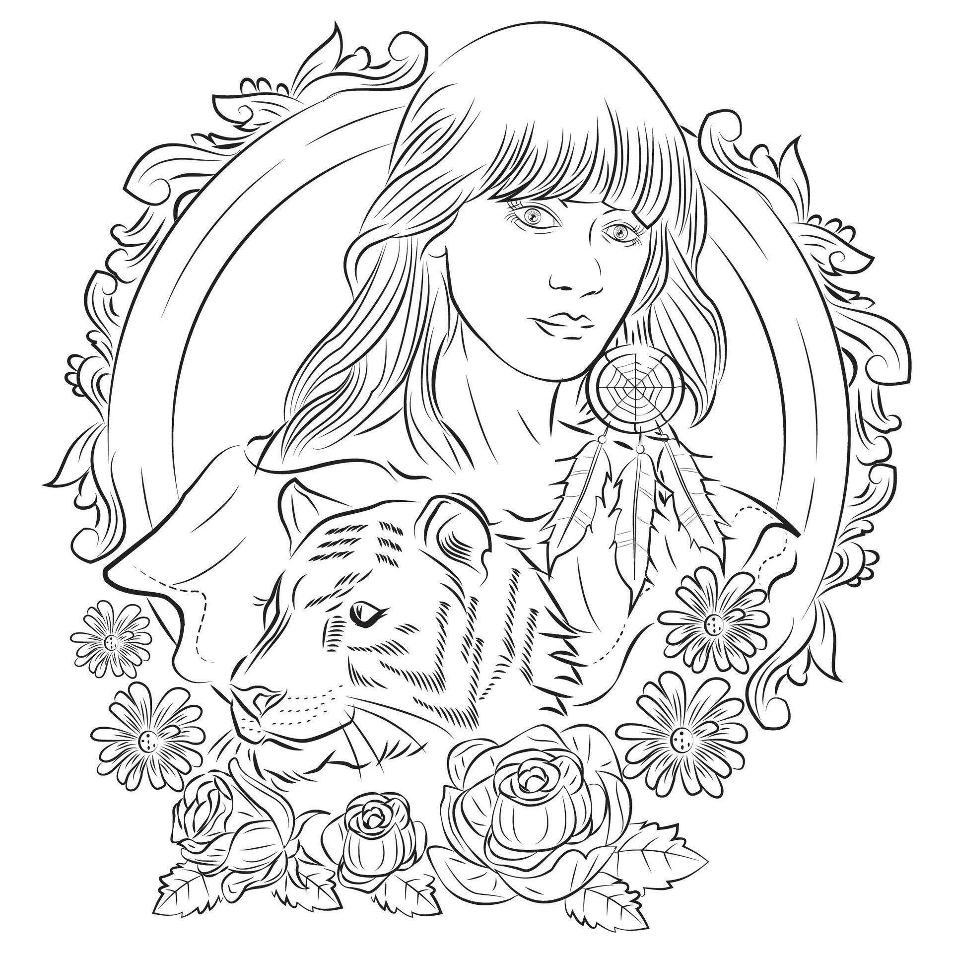 Fairy girl with mandala flowers for coloring book, print on product, laser engraving and so on Stock Free