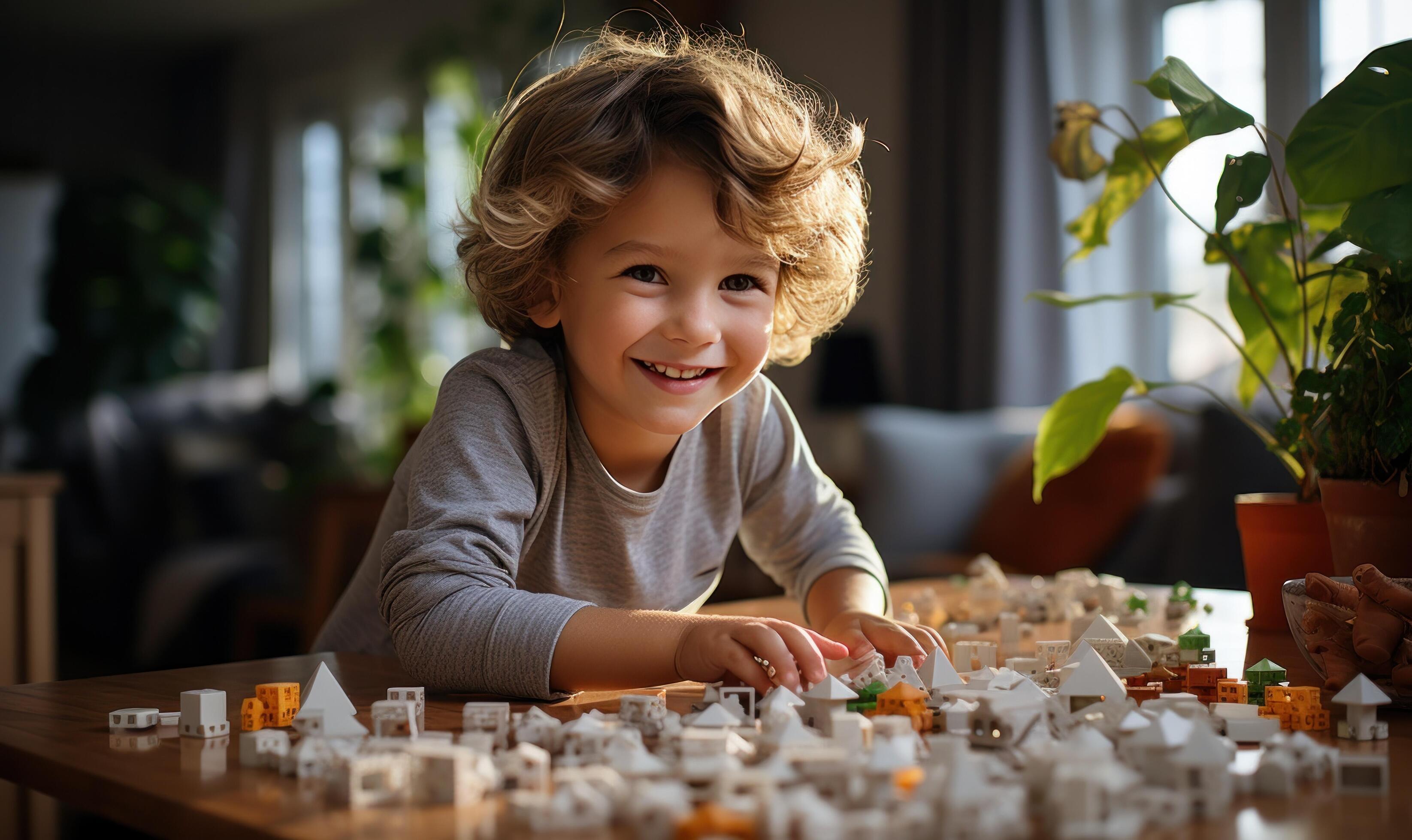 AI generated happy family man with his son playing on the table Stock Free