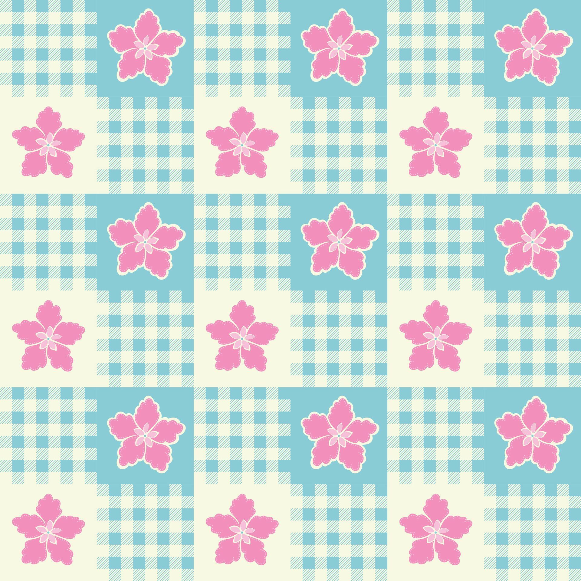 Pastel flower seamless pattern on gingham tartan plaid texture background Stock Free