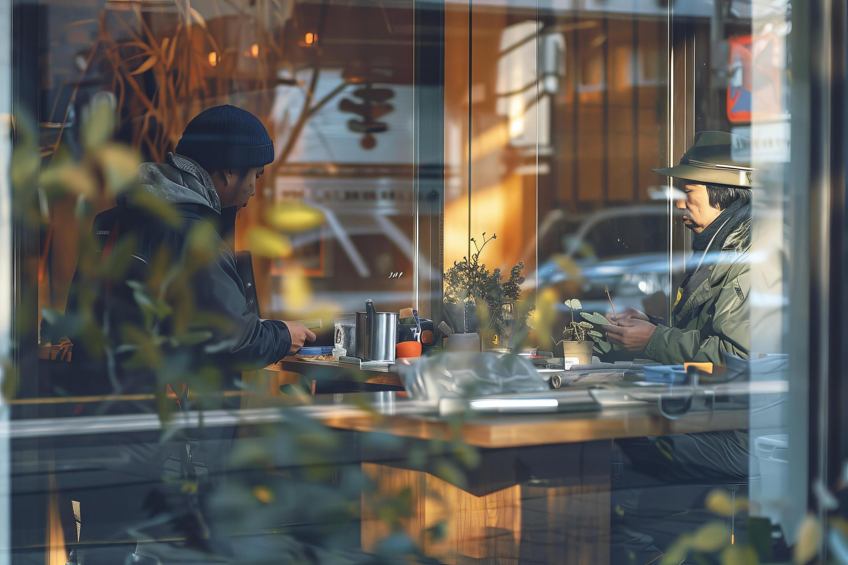 Two people are sitting at a table in a restaurant Stock Free