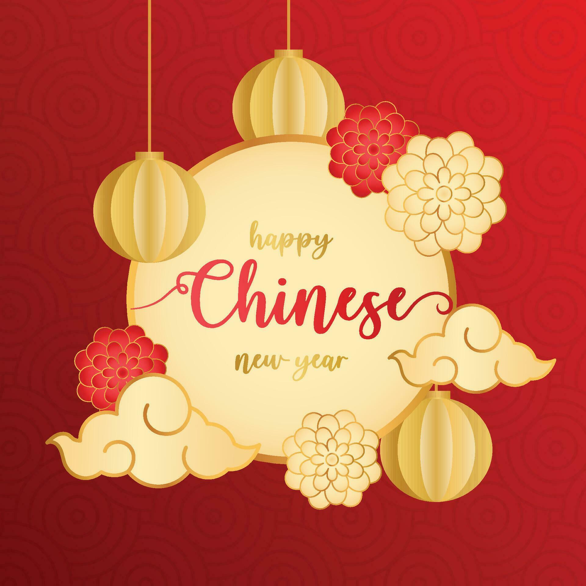 Traditional Chinese new year background vector design with hanging lanterns and flowers Stock Free