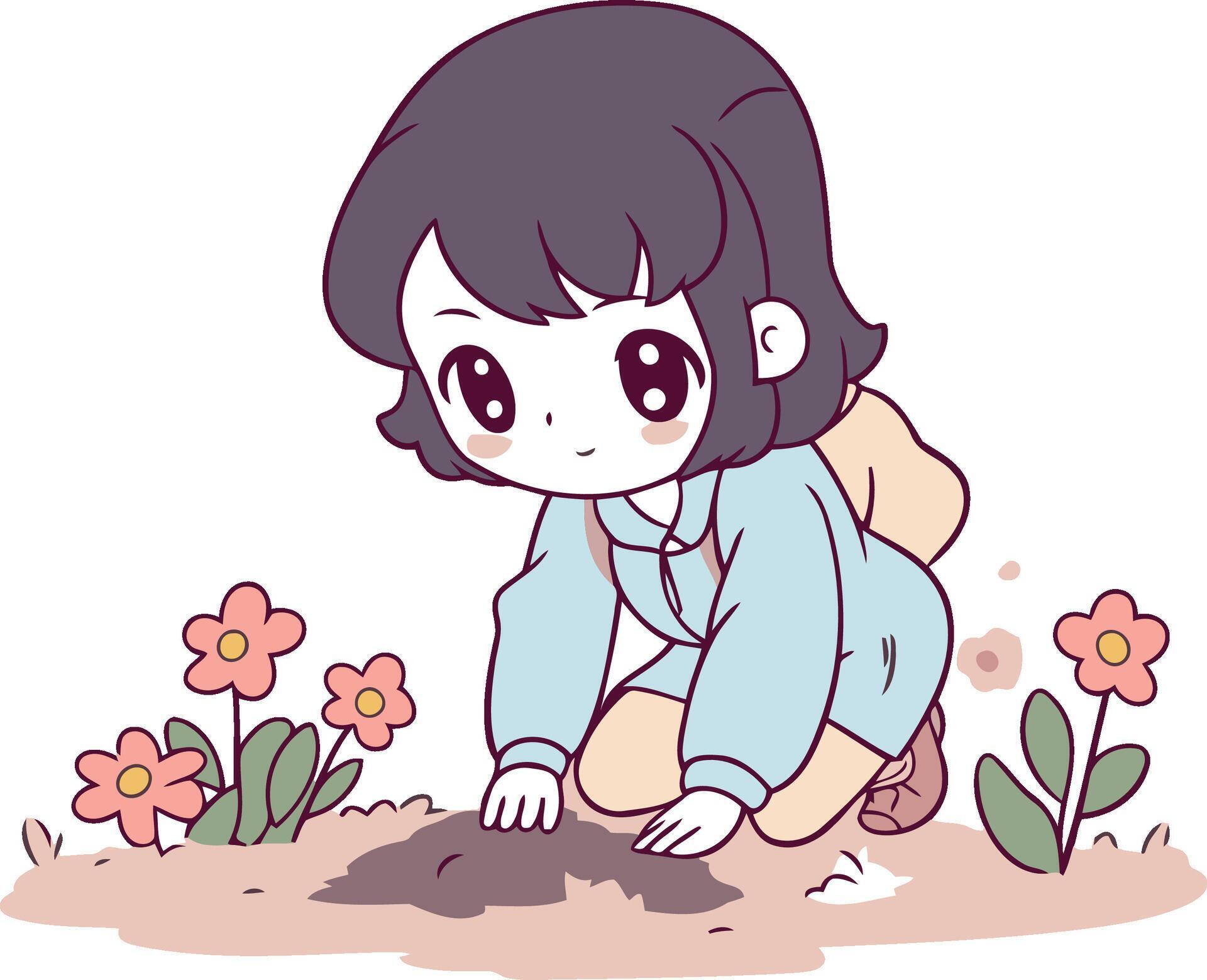 Illustration of a Cute Girl Digging the Ground with Flower Stock Free