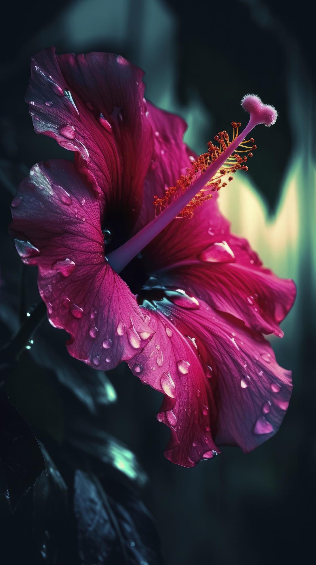 hibiscus flower with water drops with random background, sun rise, Generate Ai Stock Free